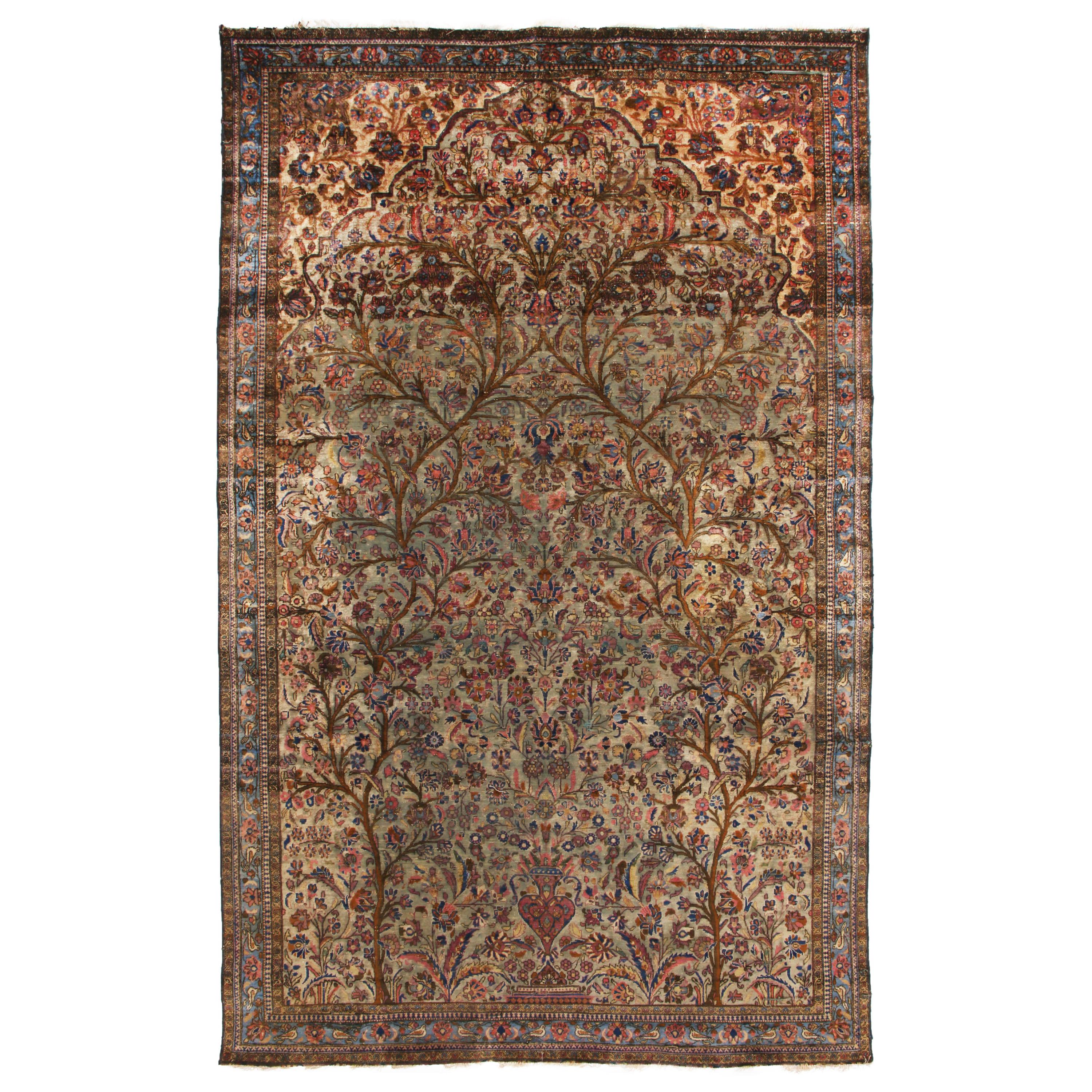 Handgeknüpfter antiker persischer Teppich in Beige-Braun mit Blumenmuster von Teppich & Kelim
