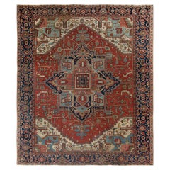 Hand-Knotted Antique Persian Serapi Rug in Red, Blue, Medallion Pattern