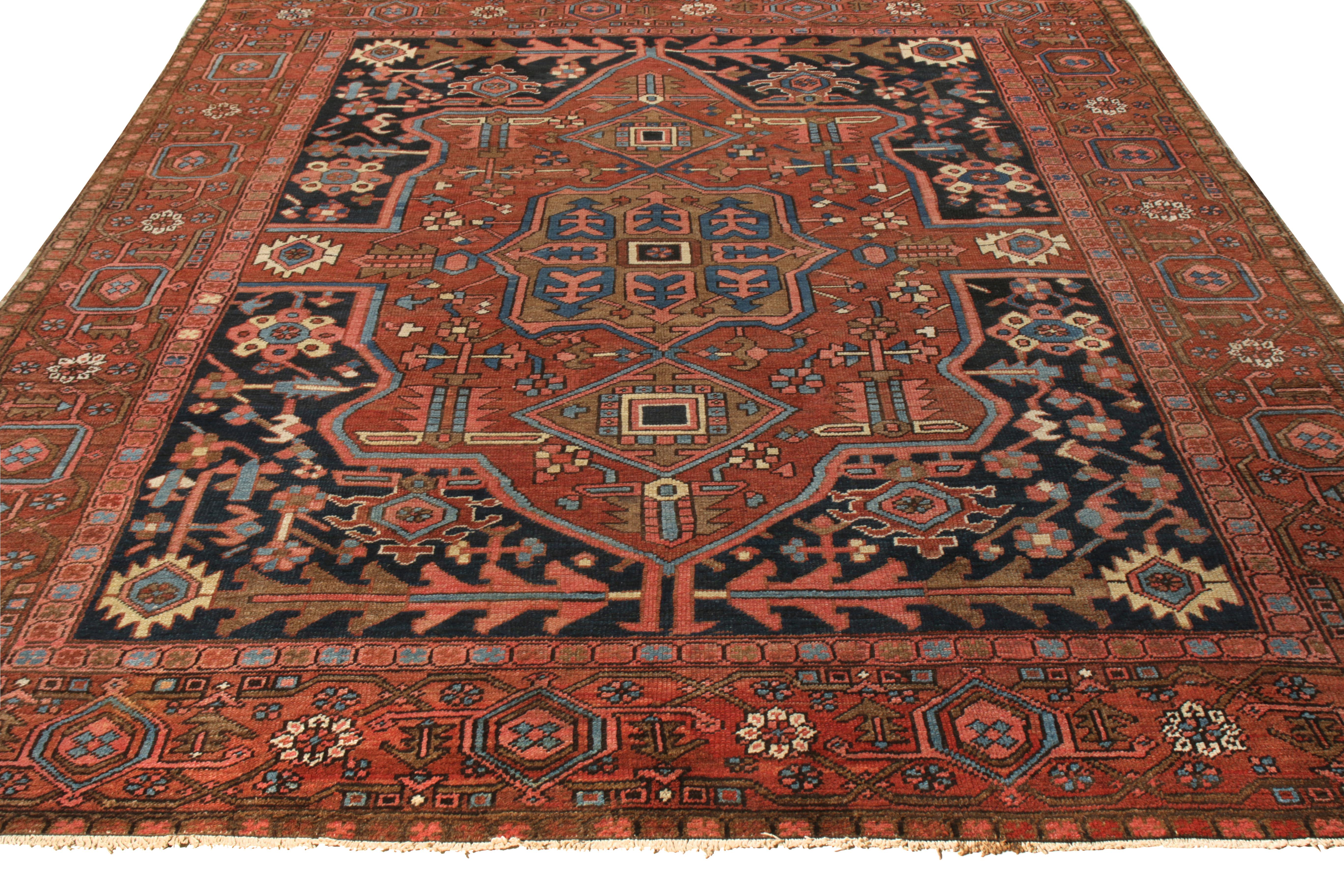 Covering a gracious 10x12 scale, a hand knotted wool antique Serapi rug originating from Persia circa 1920-1930, making way to Rug & Kilim’s acclaimed Antique & Vintage collection. Donning the most celebrated traits of this style, the drawing