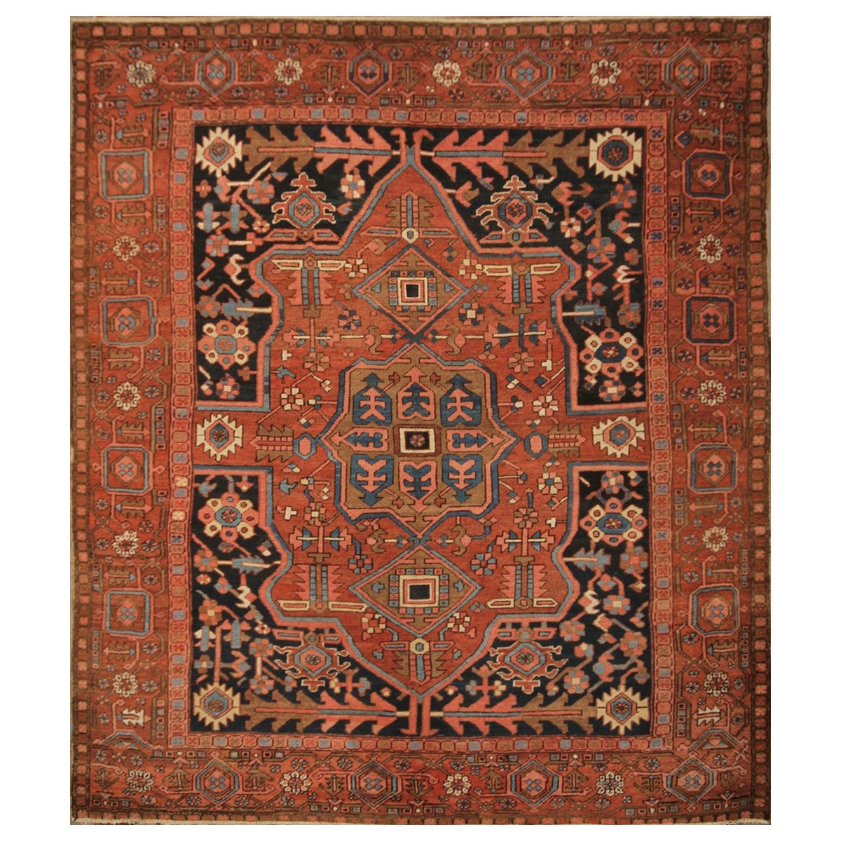 Knots Rugs Serapi persan antique noué à la main en rouge, marron, motif de médaillon