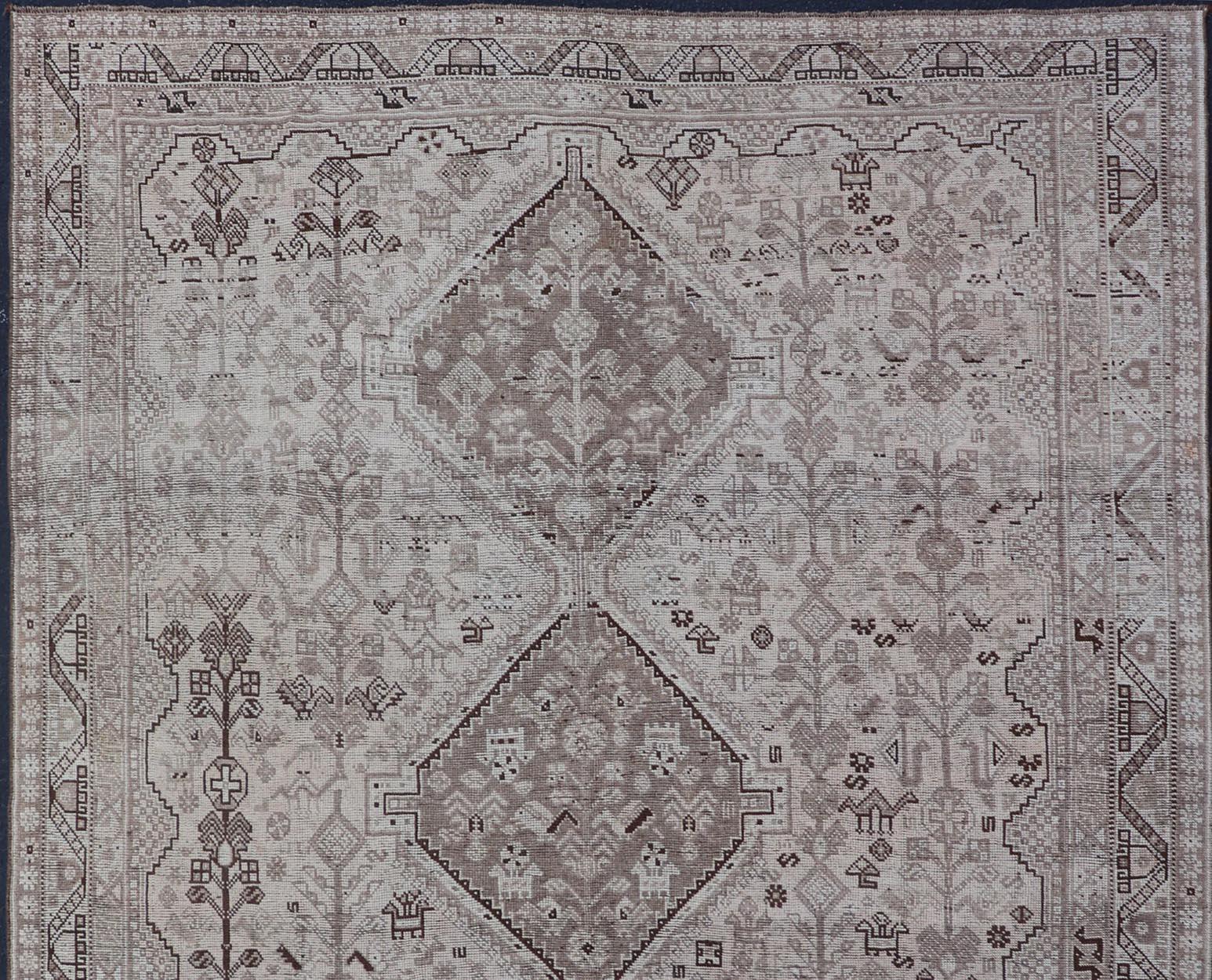 Hand Knotted Antique Persian Shiraz Rug with Tribal Geometric Medallions For Sale 1