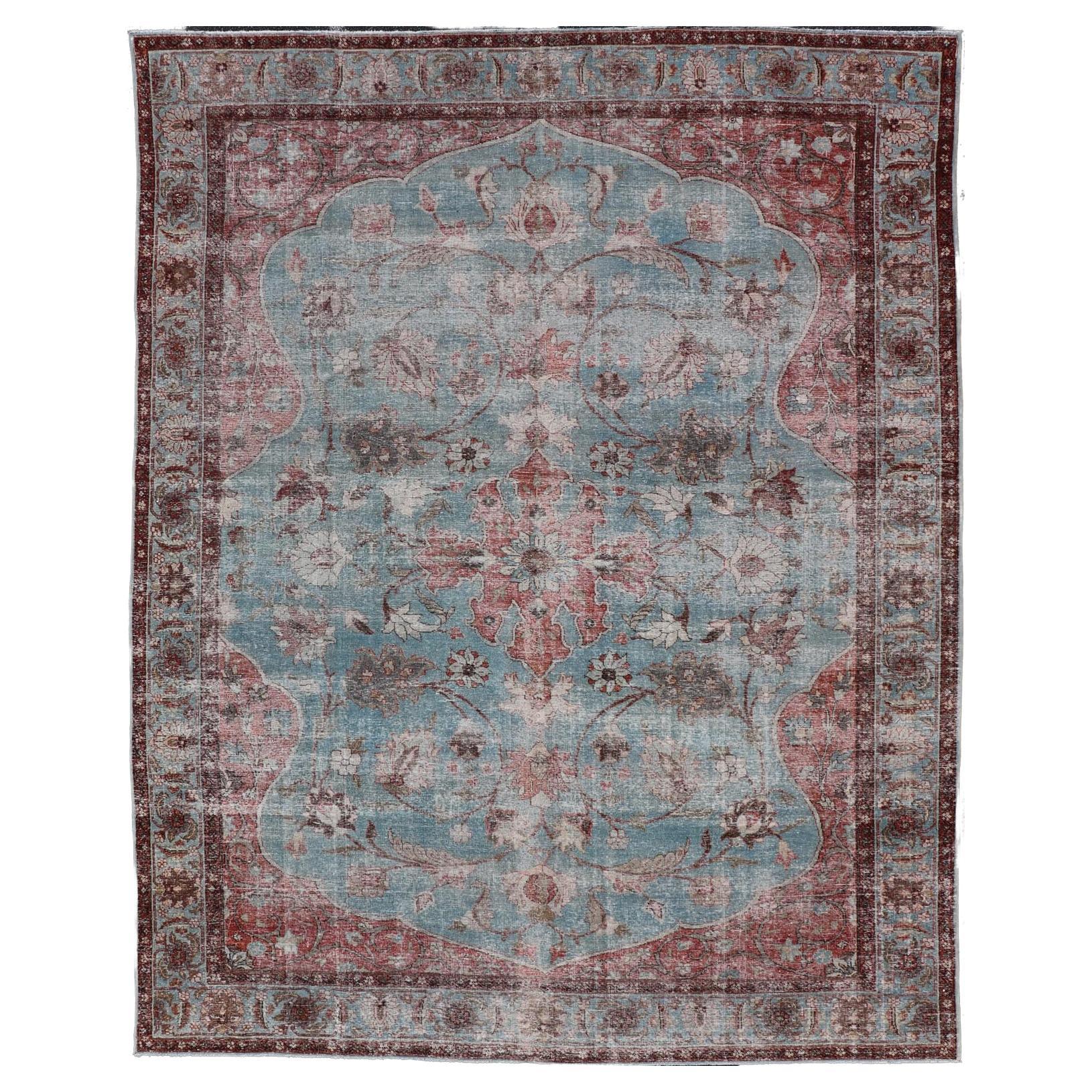 Hand-Knotted Antique Persian Tabriz Khoy Rug in Wool with Large Floral Design