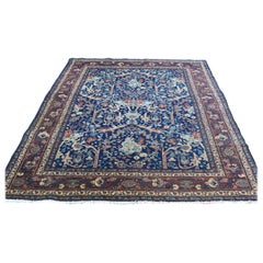 Hand-Knotted Antique Persian Tabriz Navy Blue Full Pile Rug