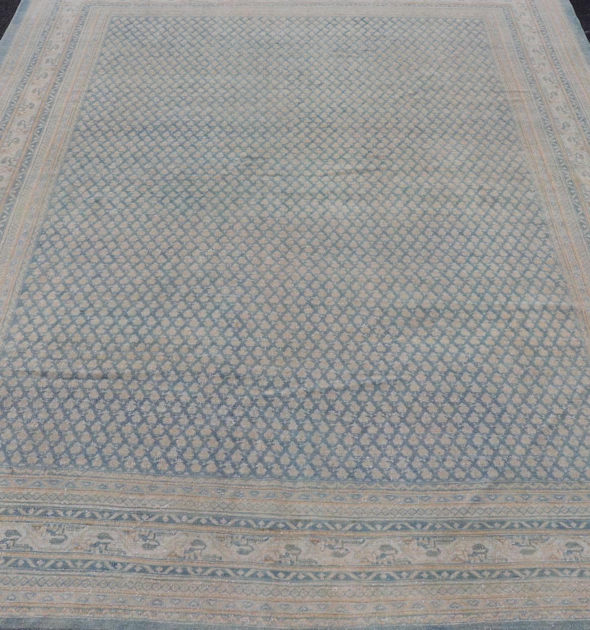 Hand-Knotted Antique Persian Tabriz Rug in Wool with Minimalist Design in Blues  For Sale 6
