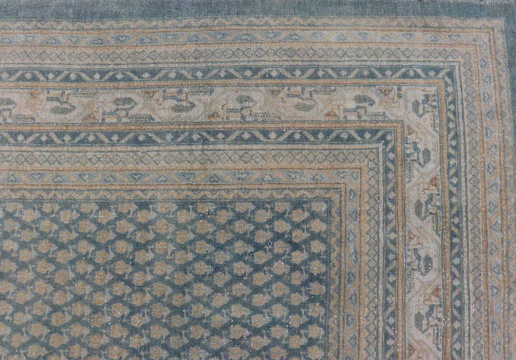 Hand-Knotted Antique Persian Tabriz Rug in Wool with Minimalist Design in Blues  For Sale 10