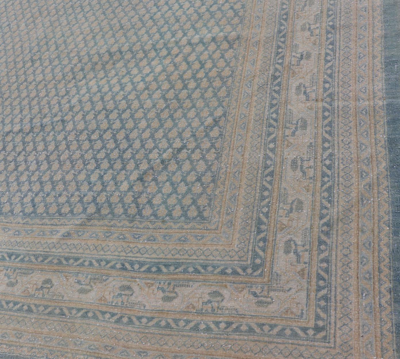 Hand-Knotted Antique Persian Tabriz Rug in Wool with Minimalist Design in Blues  For Sale 1