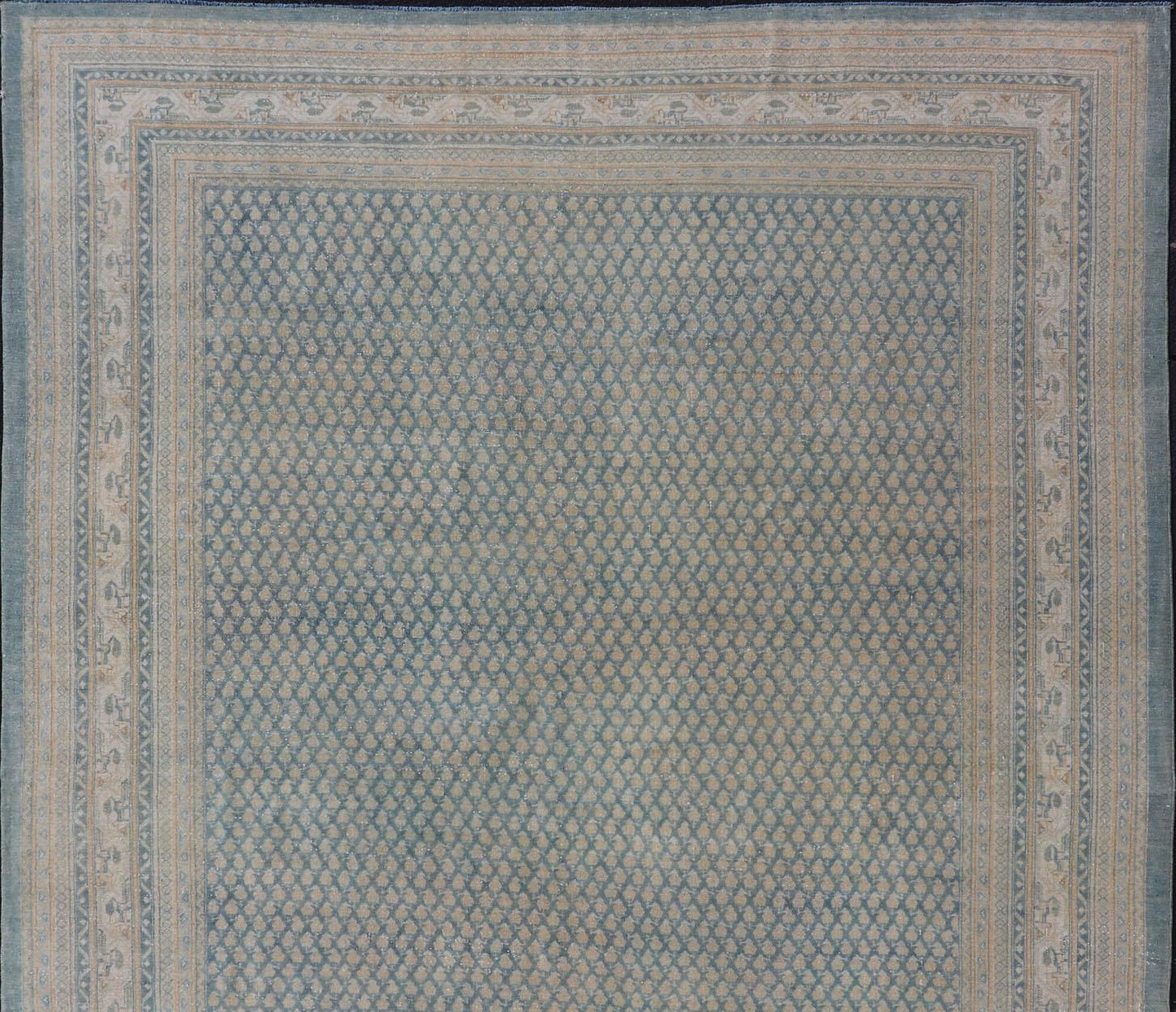 Hand-Knotted Antique Persian Tabriz Rug in Wool with Minimalist Design in Blues  For Sale 3