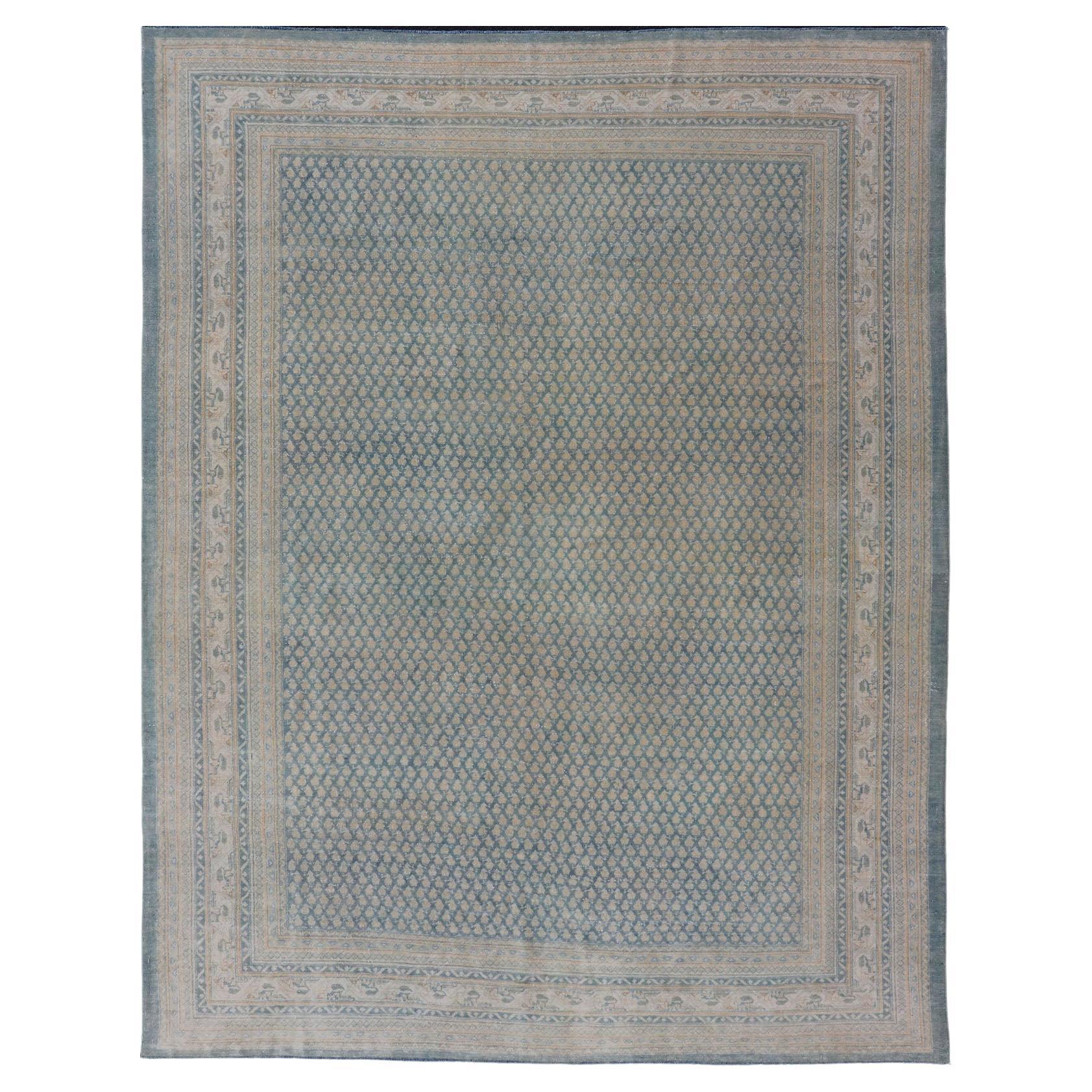 Hand-Knotted Antique Persian Tabriz Rug in Wool with Minimalist Design in Blues  For Sale