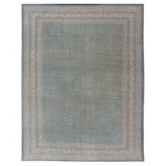 Hand-Knotted Retro Persian Tabriz Rug in Wool with Minimalist Design in Blues 