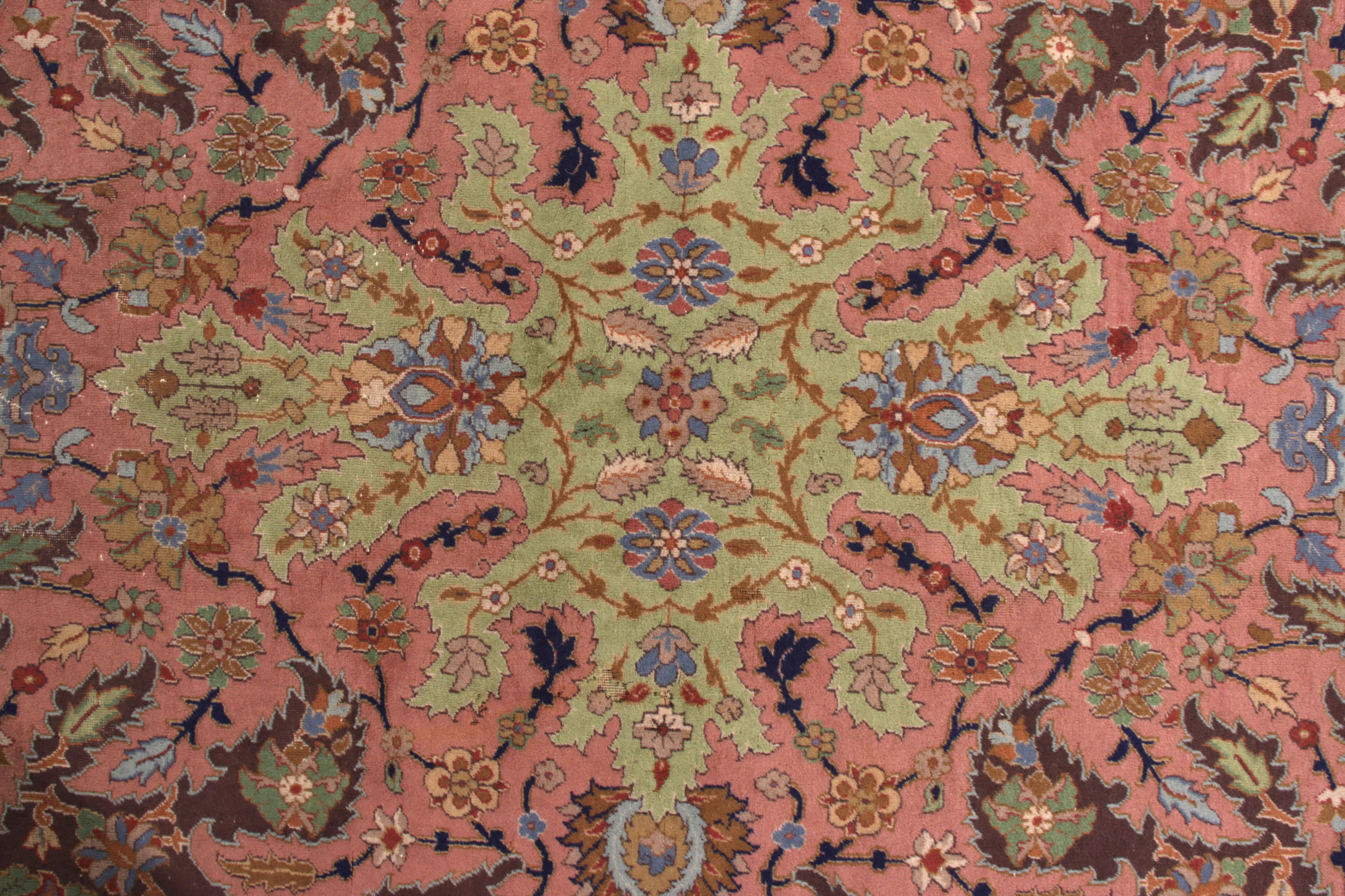 Indian Hand Knotted Antique Polonaise Rug in Pink Green Floral Pattern For Sale
