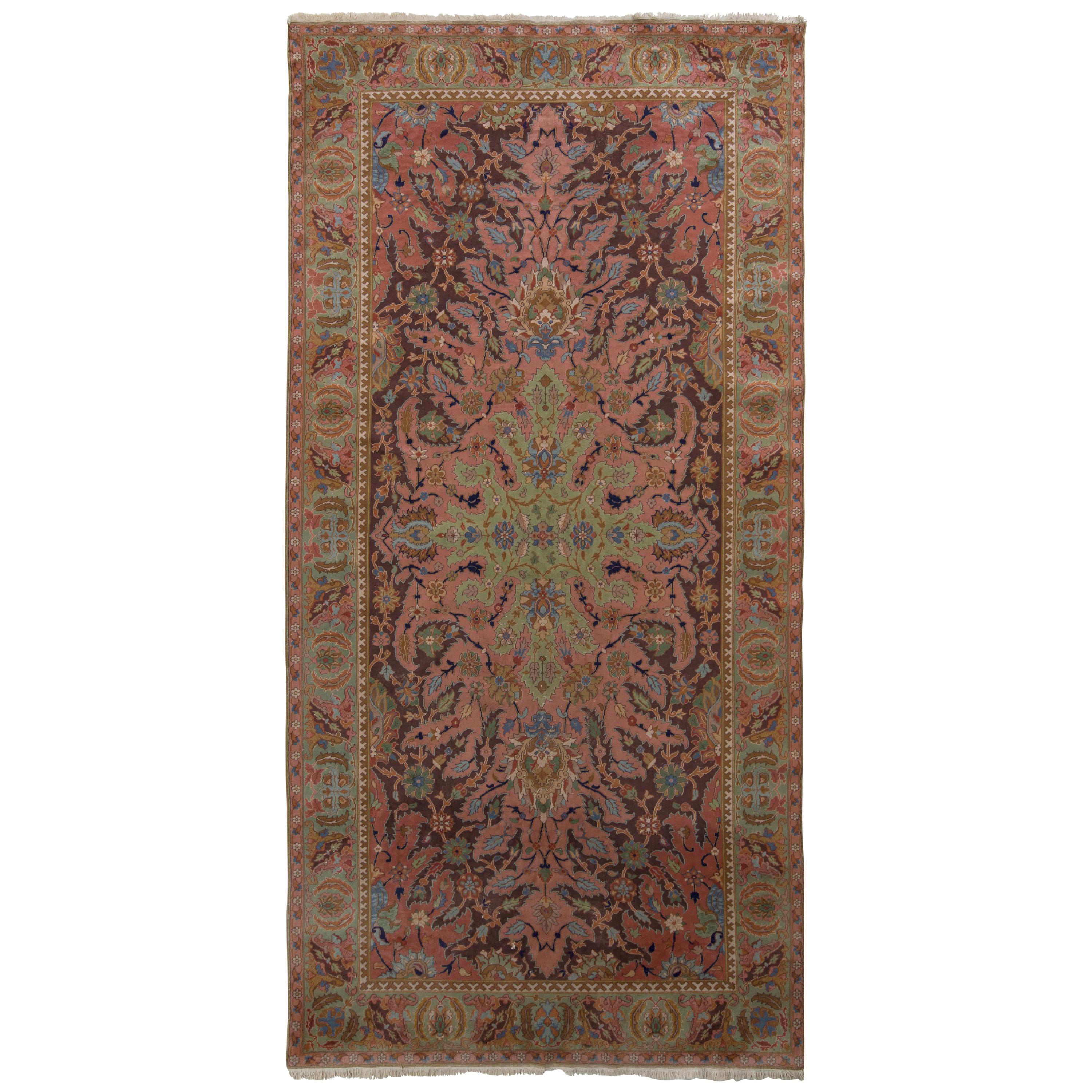 Hand Knotted Antique Polonaise Rug in Pink Green Floral Pattern