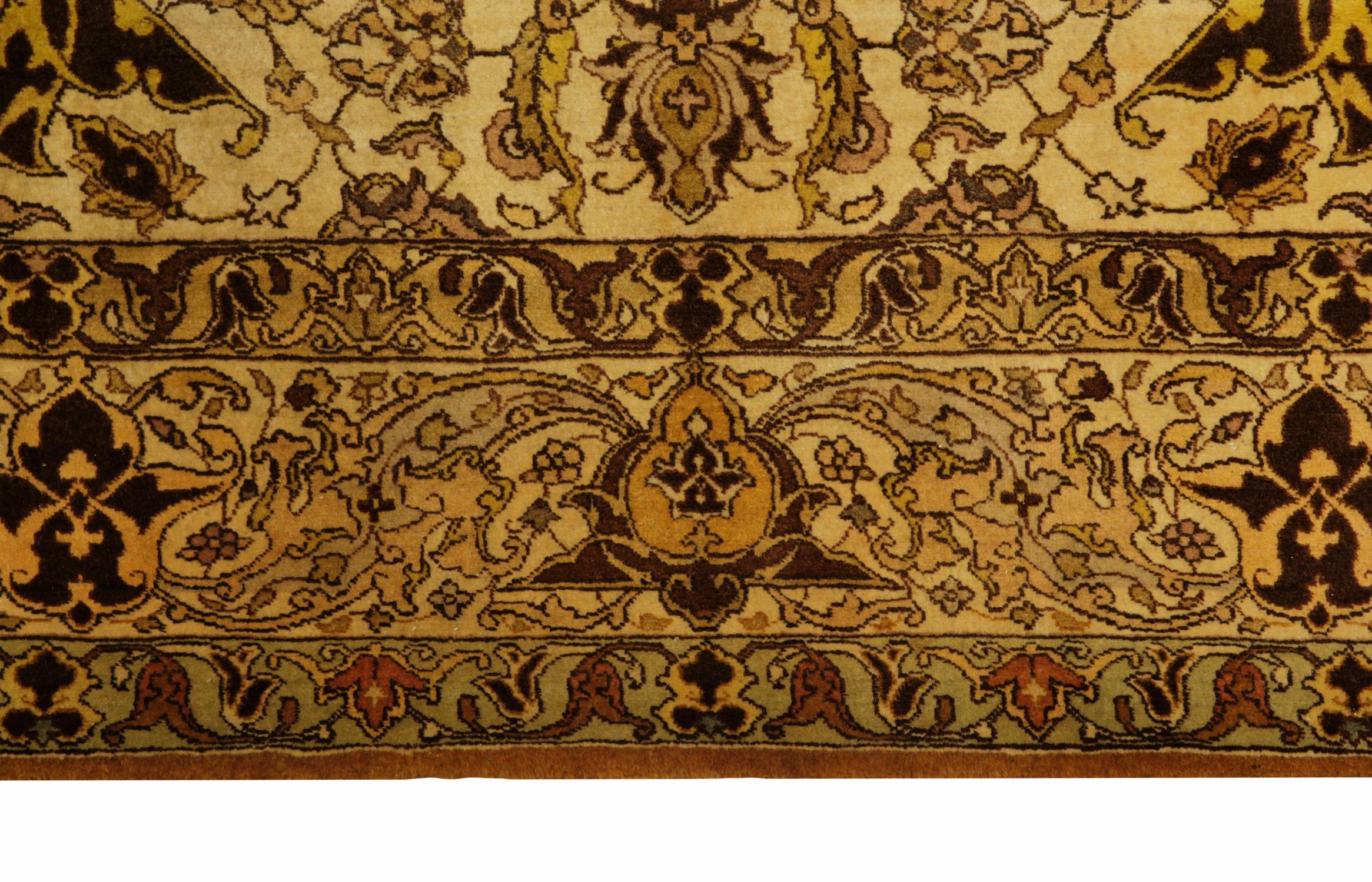Bohemian Hand-knotted Antique Rug, Beige Gold Floral Living Room Rug For Sale