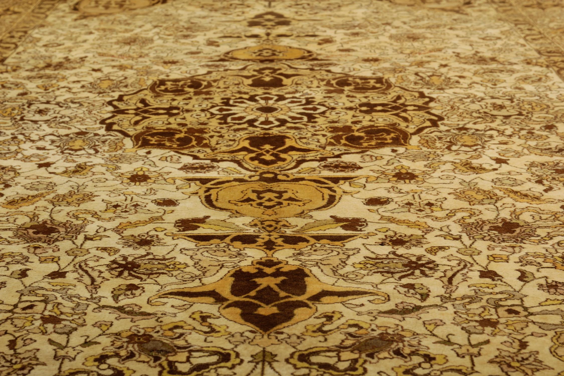 Hand-Knotted Hand-knotted Antique Rug, Beige Gold Floral Living Room Rug For Sale