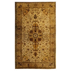Handgeknüpfter antiker Teppich, beige-goldener geblümter Wohnzimmerteppich