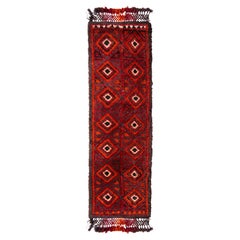 Hand Knotted Antique Rug Red and Black Moroccan Style Runner High Pile Diamond P