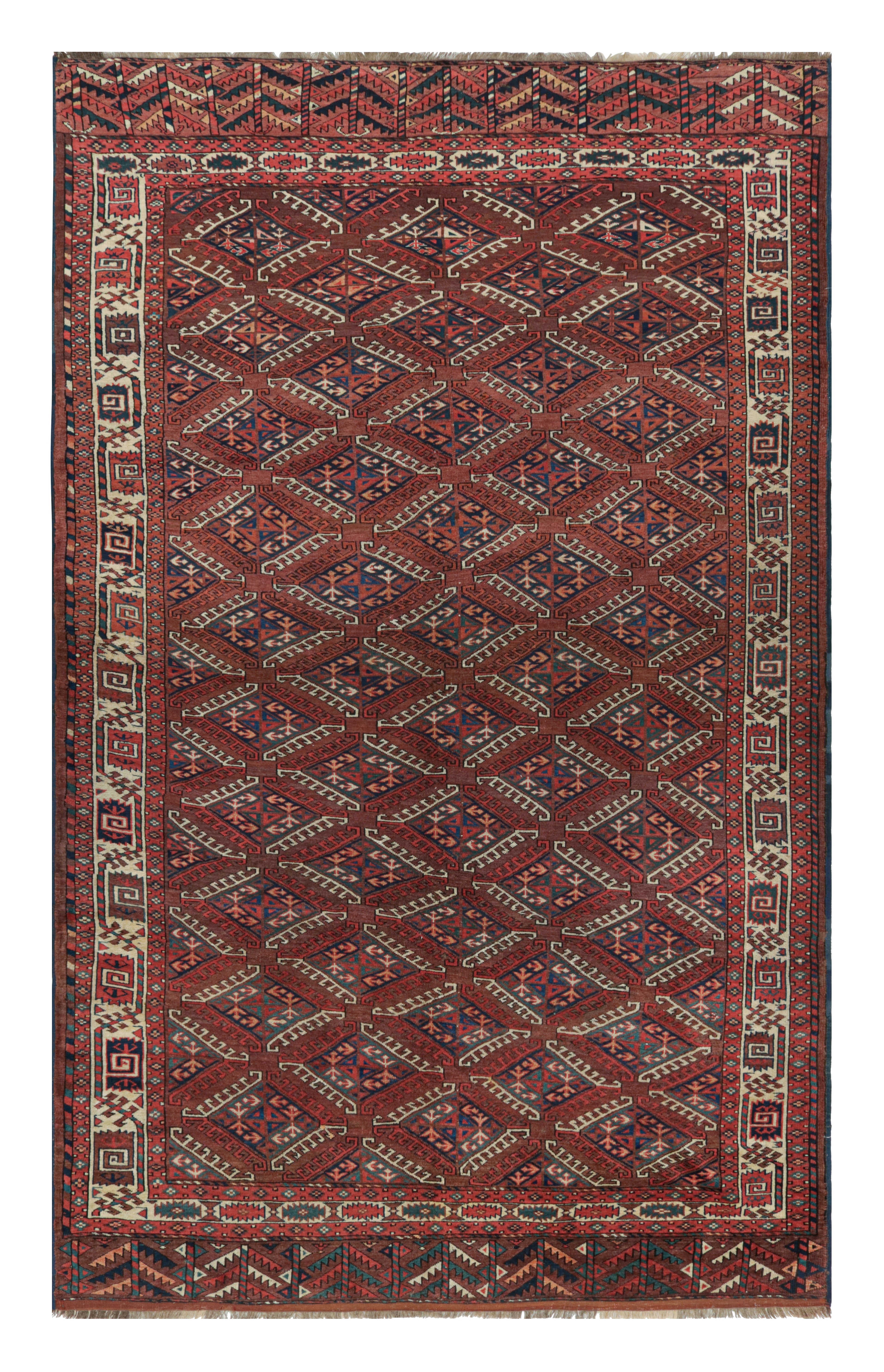 Handgeknüpfter antiker russischer Teppich in rotem, weißem Stammesmuster von Teppich & Kelim im Angebot