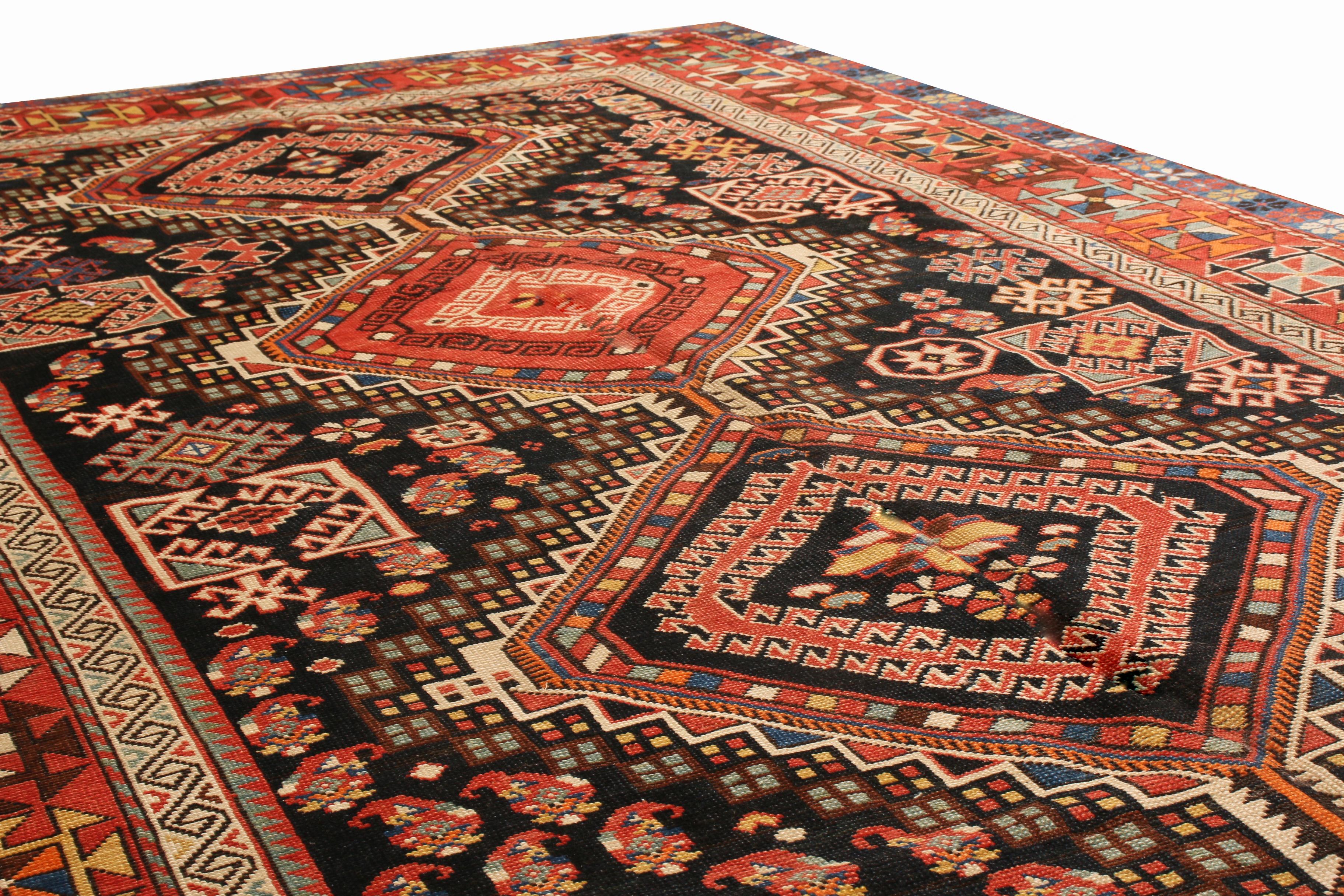 Tribal Antique Russian Shirvan Rug in Red, Black, Geometric Pattern by Rug & Kilim For Sale