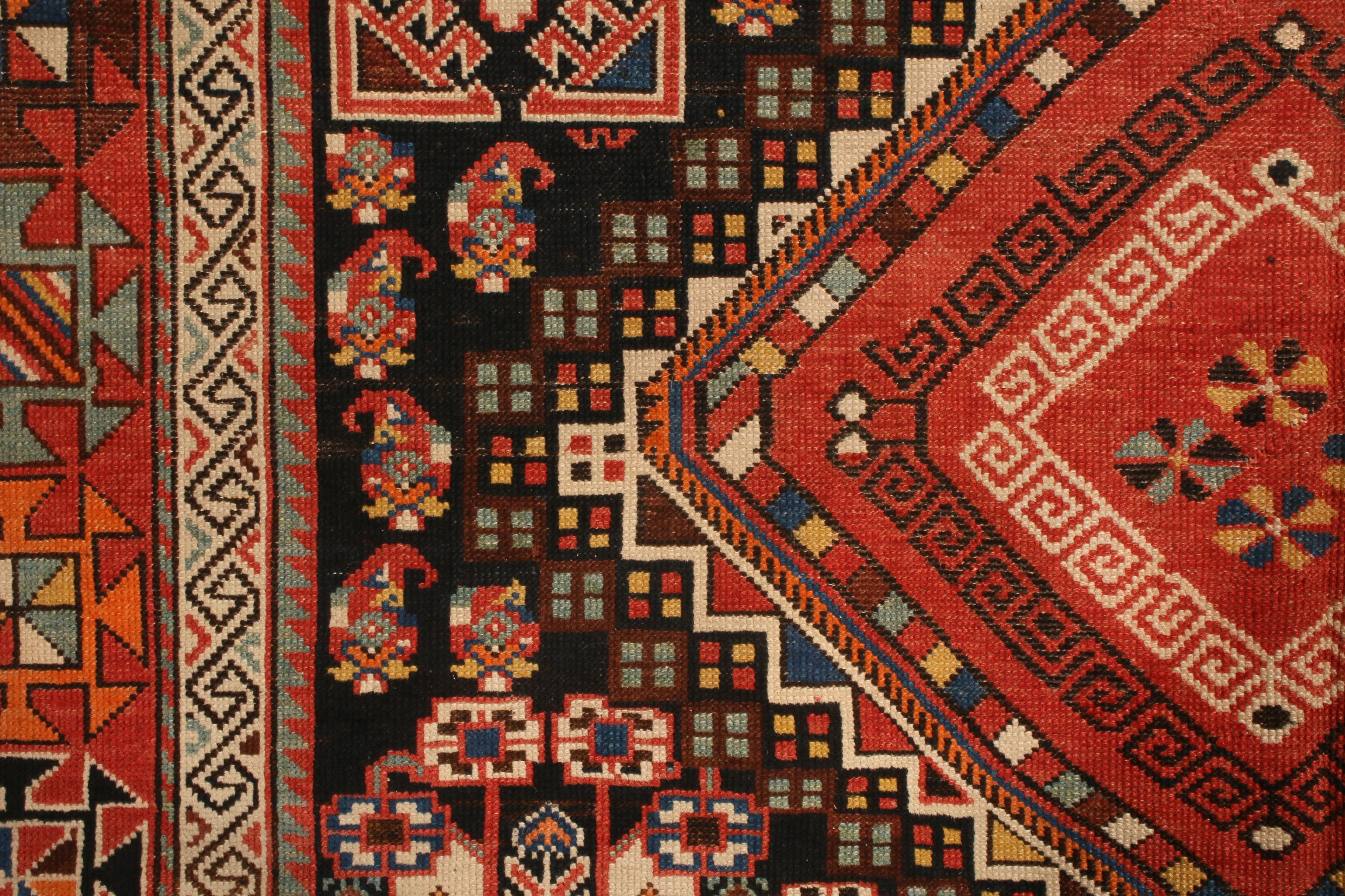Turkish Antique Russian Shirvan Rug in Red, Black, Geometric Pattern by Rug & Kilim For Sale