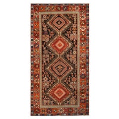 Hand-Knotted Antique Russian Shirvan Rug in Red, Black, Tribal Geometric Pattern