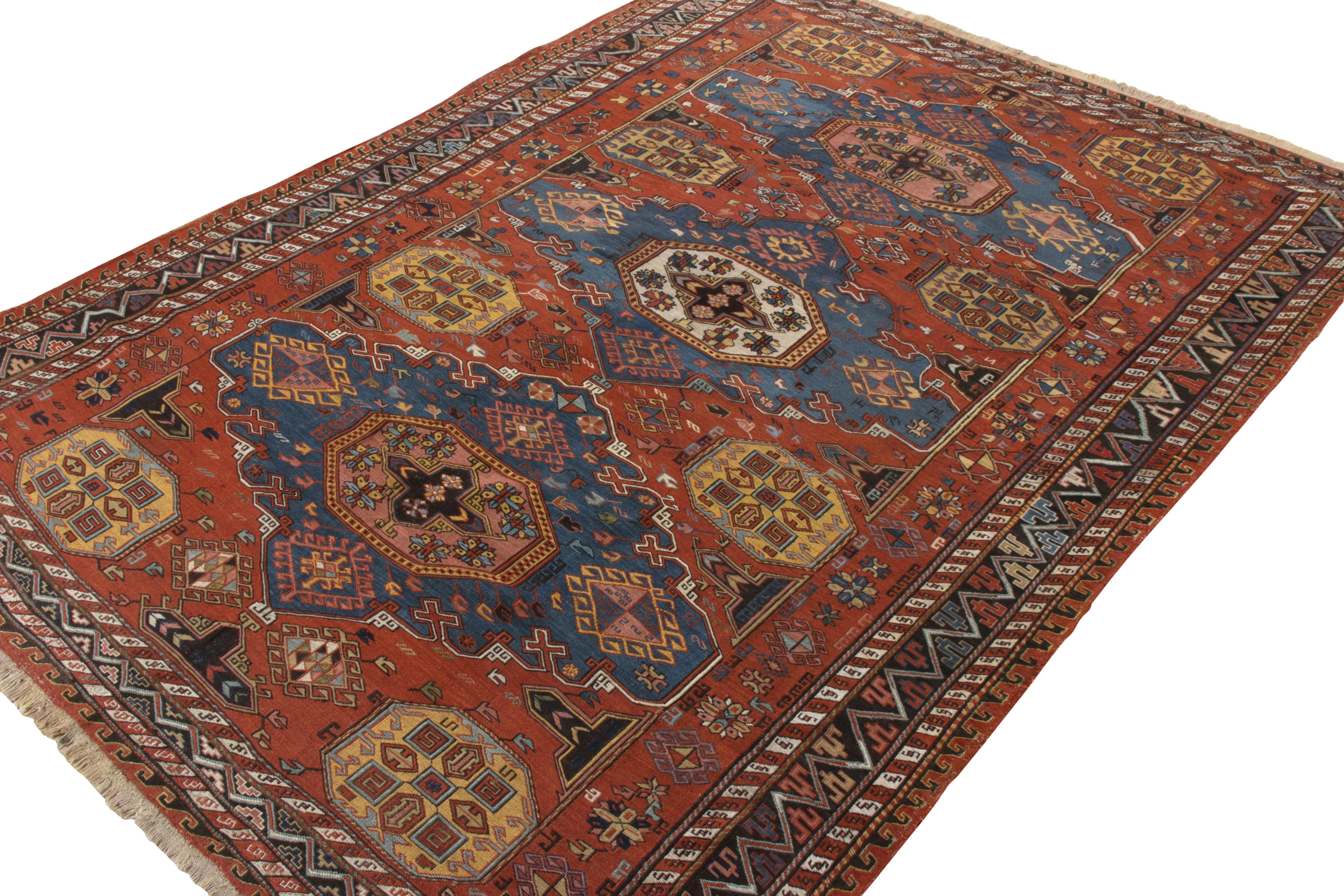 Tribal Hand-Knotted Antique Rug in Red, Blue, Medallion All over Pattern by Rug & Kilim For Sale
