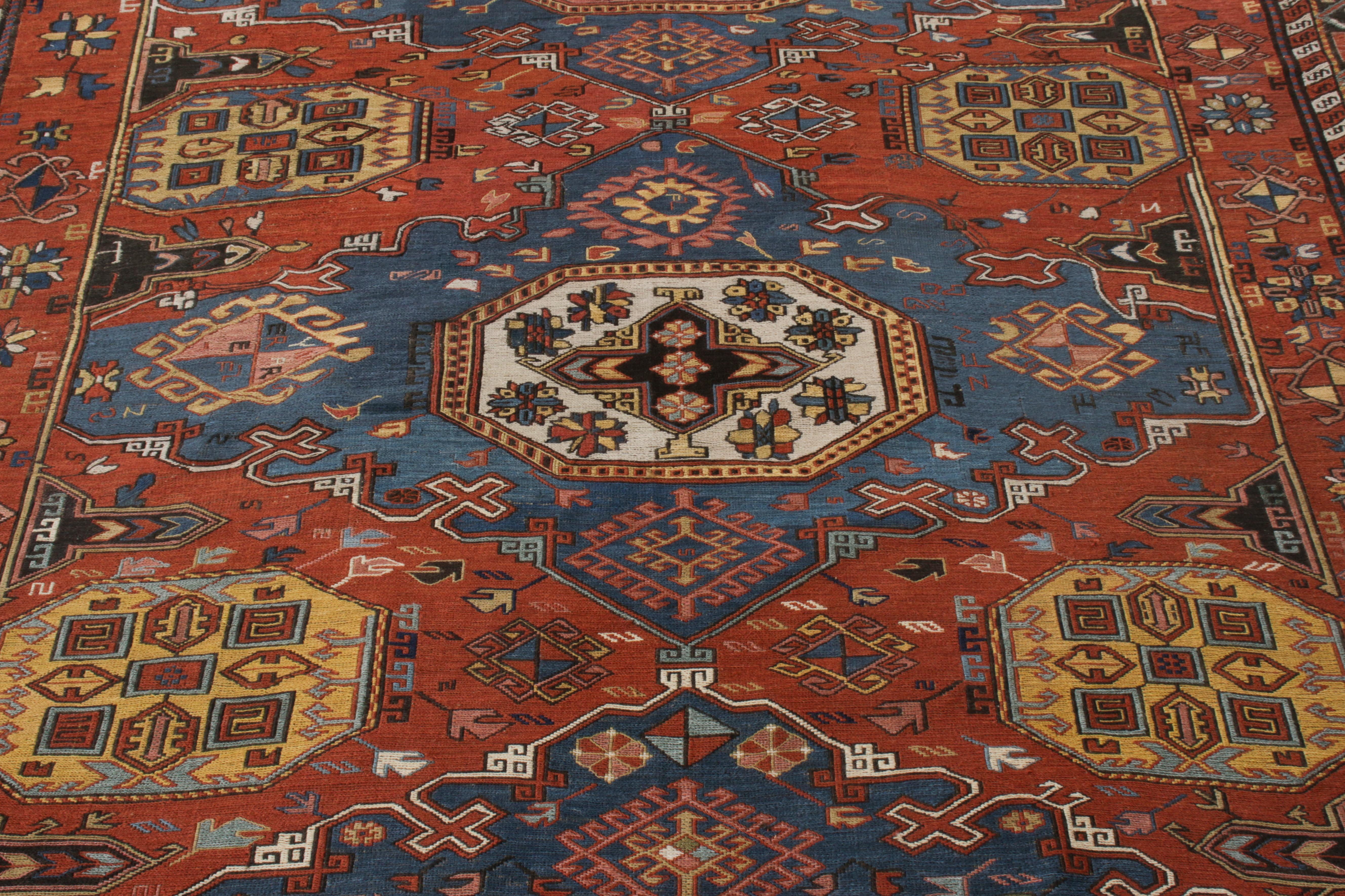 Hand-Knotted Antique Rug in Red, Blue, Medallion All over Pattern by Rug & Kilim In Good Condition For Sale In Long Island City, NY