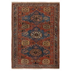 Hand-Knotted Antique Rug in Red, Blue, Medallion All over Pattern by Rug & Kilim