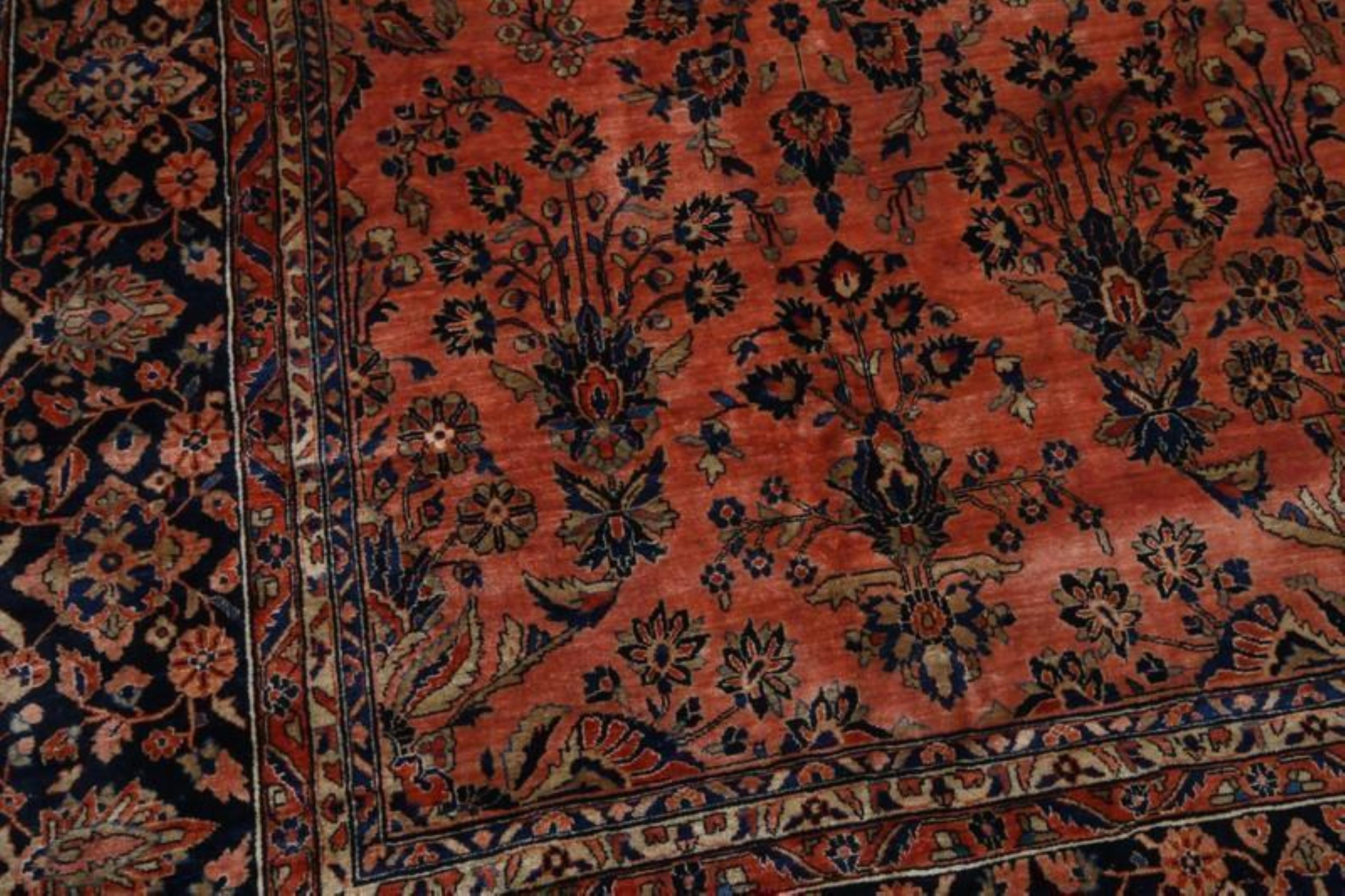 Folk Art Hand-Knotted Antique Sarouk Persian Rug in Orange and Black Floral Pattern For Sale