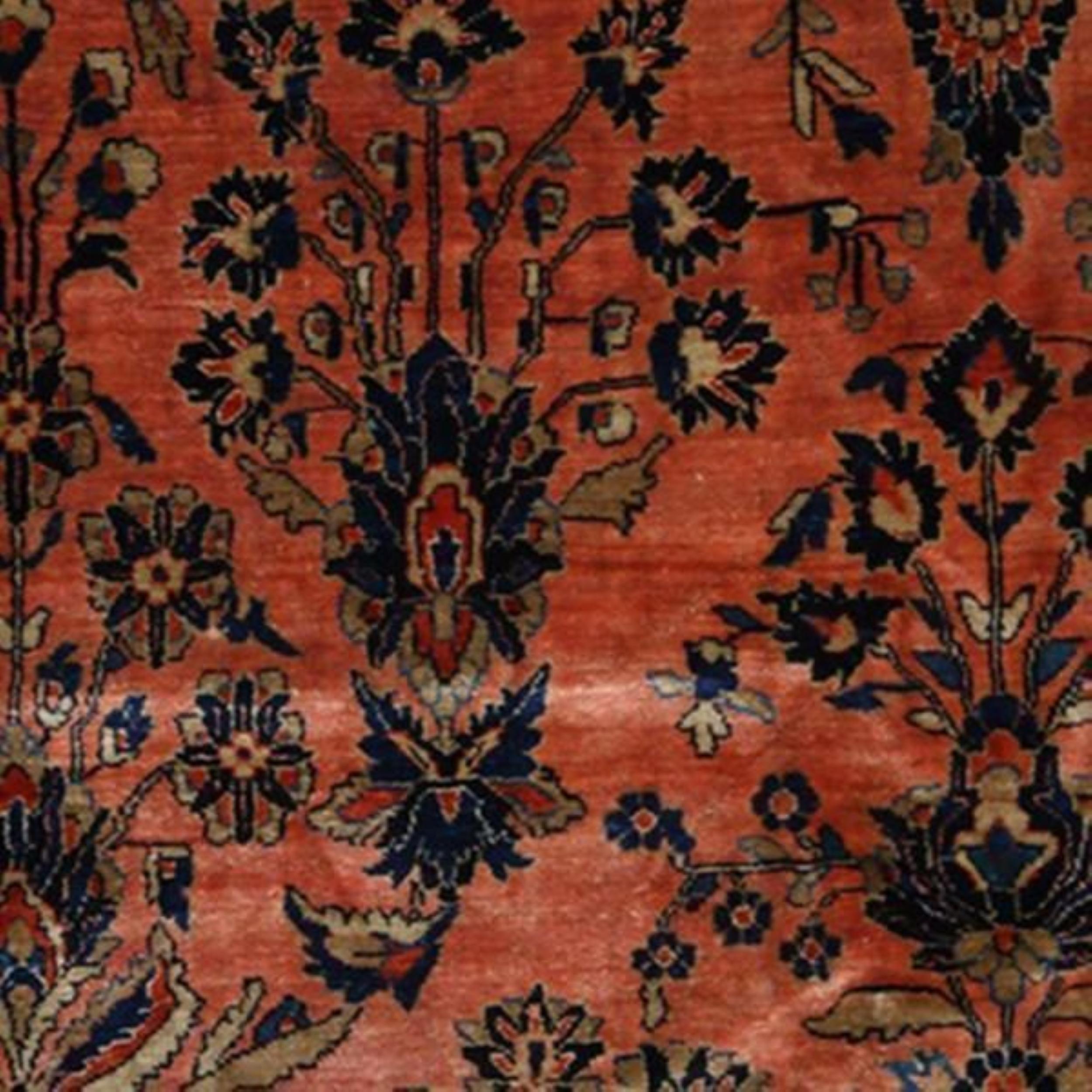 Mid-20th Century Hand-Knotted Antique Sarouk Persian Rug in Orange and Black Floral Pattern For Sale