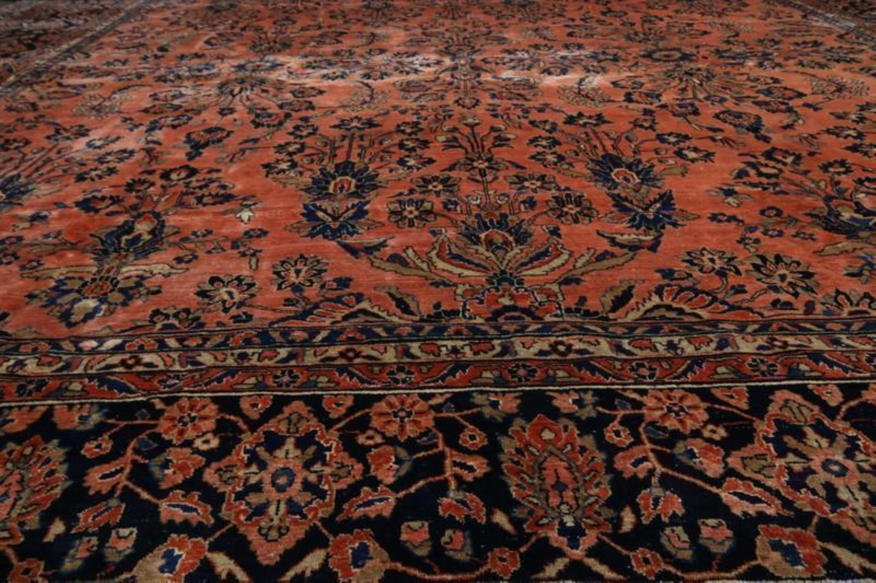 Hand-Knotted Antique Sarouk Persian Rug in Orange and Black Floral Pattern For Sale 2