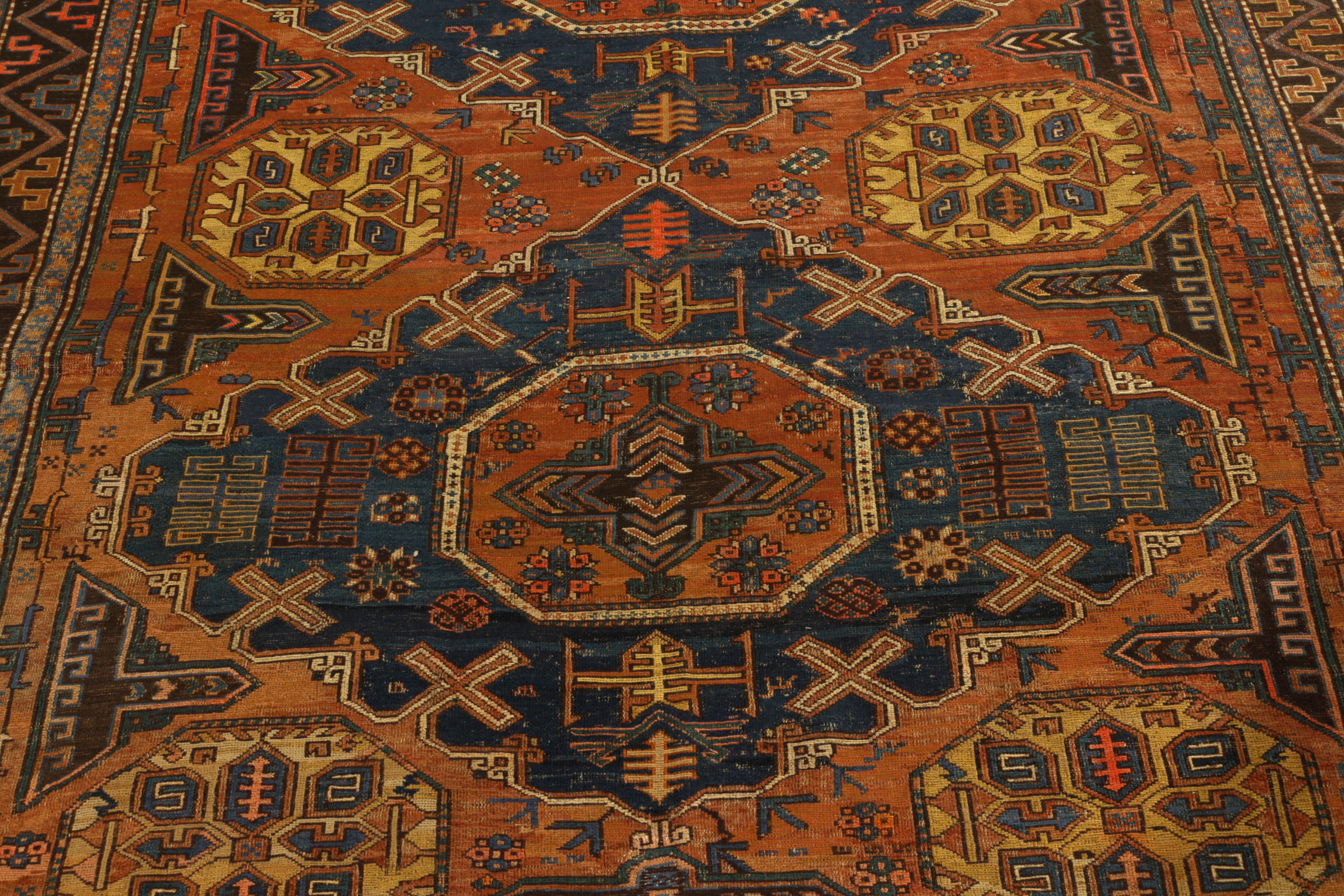 Sumak Hand-Knotted Antique Rug in All over Blue, Red, Geometric Pattern by Rug & Kilim For Sale