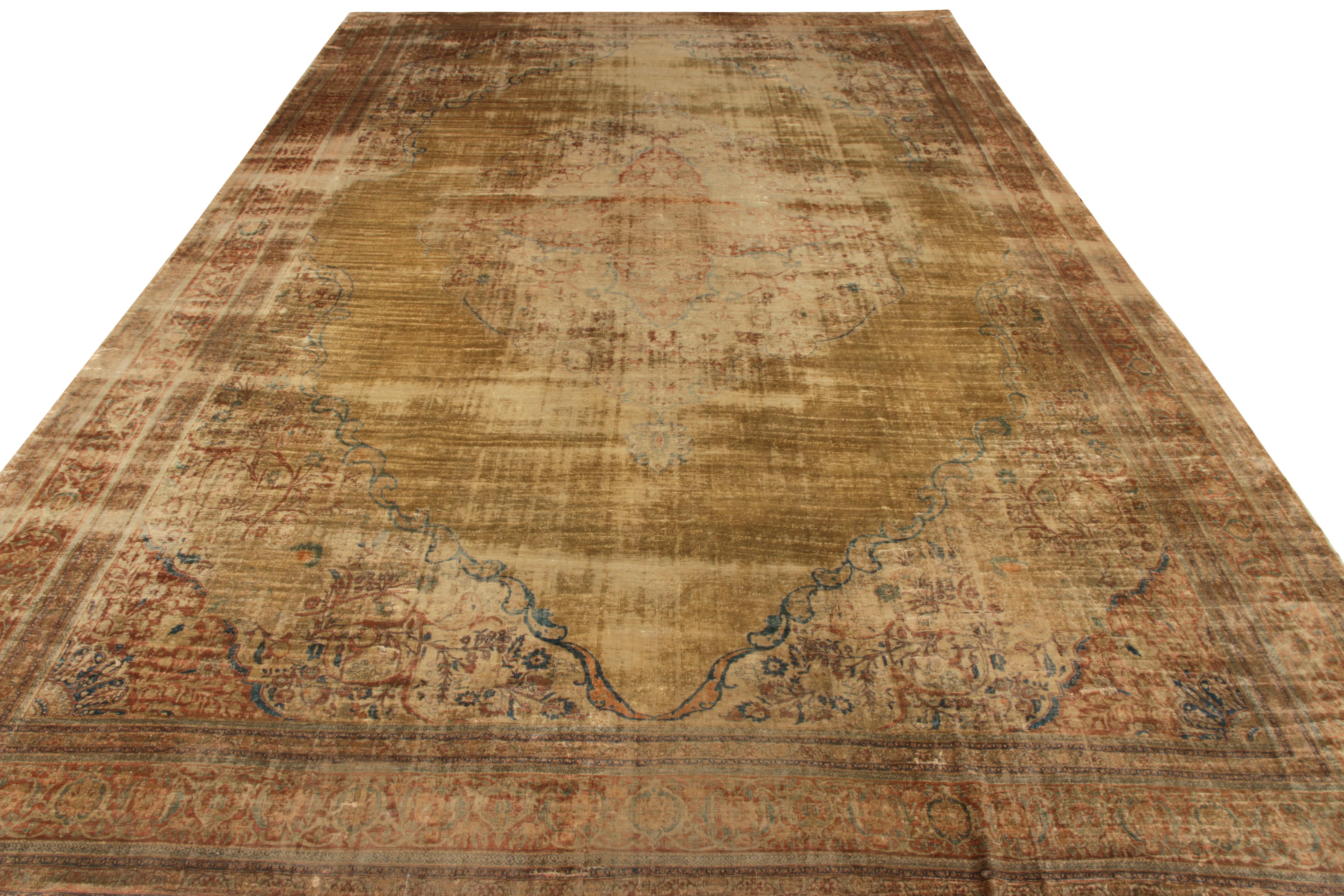A luscious 11 x 17 drawing, this antique Persian rug of Tabriz lineage joins Rug & Kilim’s Antique & Vintage collection. Hand knotted in silk circa 1920-1930 and boasting a distinctive medallion pattern, the rug enjoys a regal gold background
