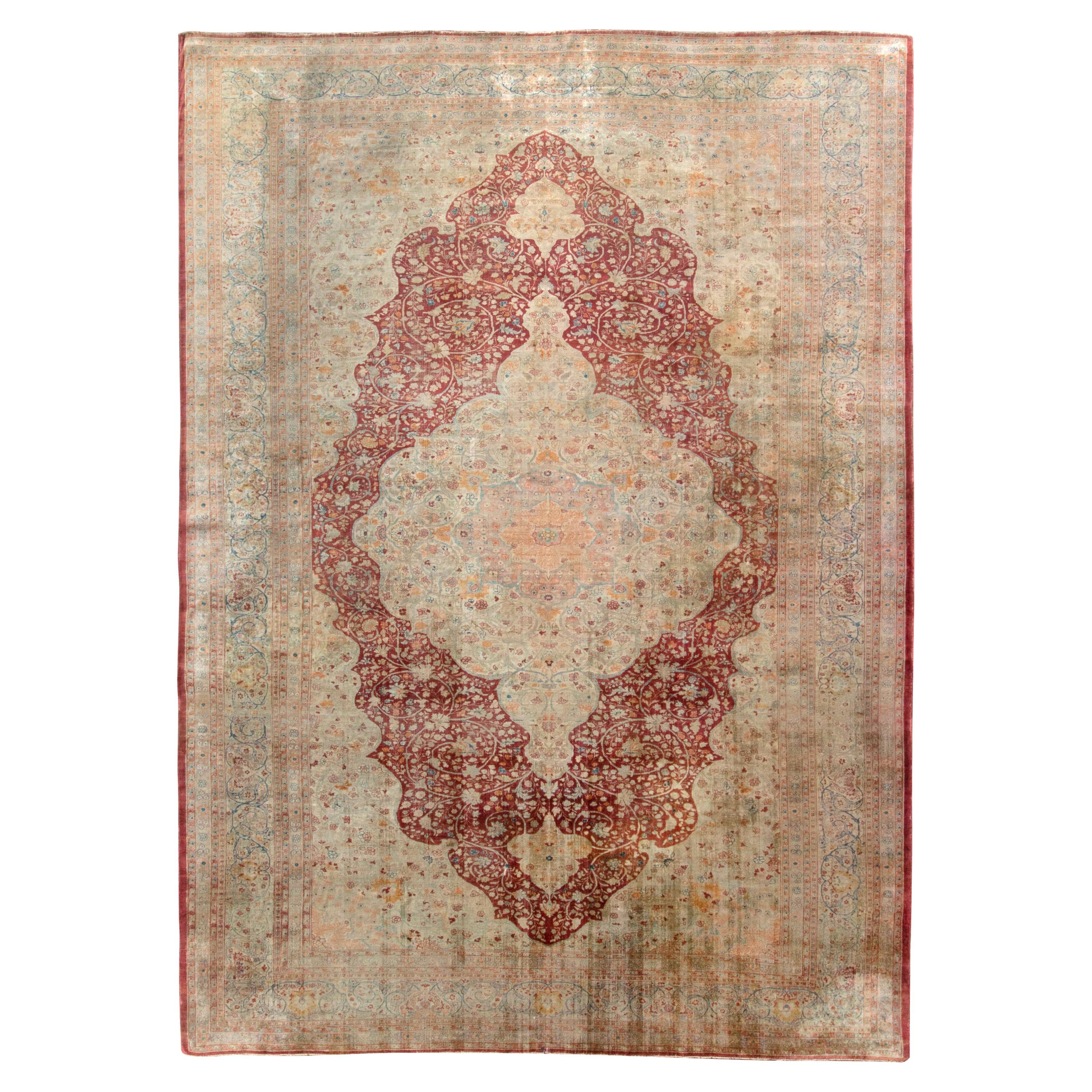 Hand-Knotted Antique Tabriz Persian Rug in Red Medallion Pattern For Sale
