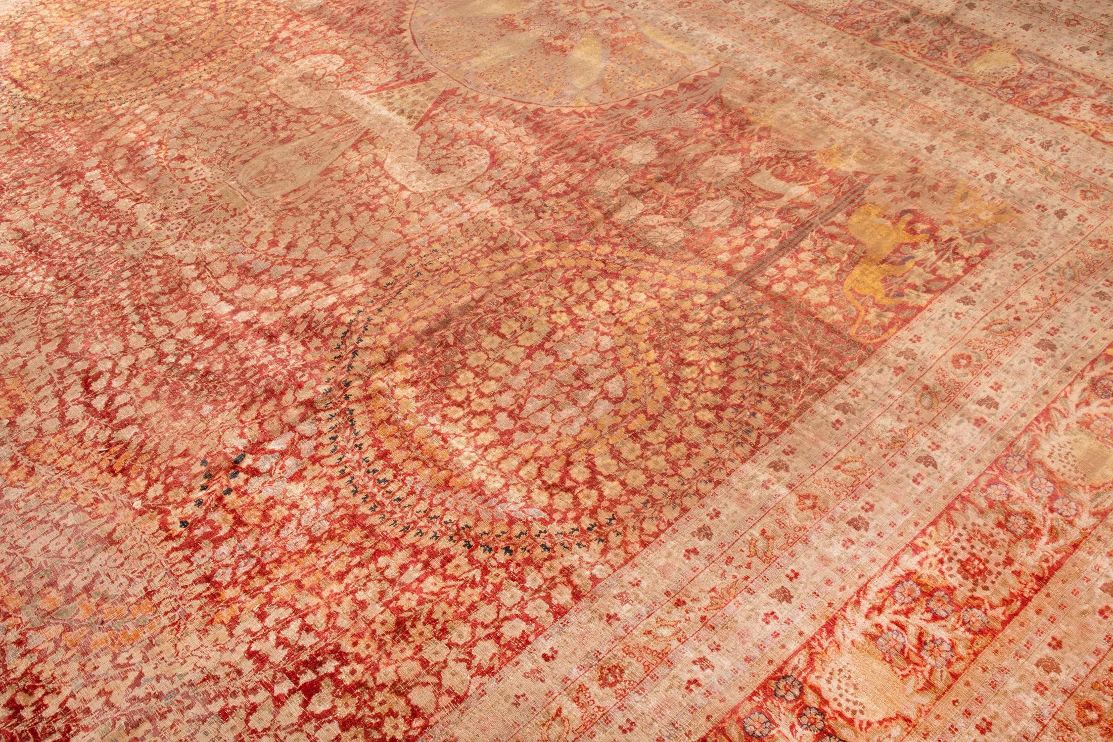 Tabriz Hand-Knotted Antique Persian rug in Red and Beige Floral Pattern by Rug & Kilim For Sale