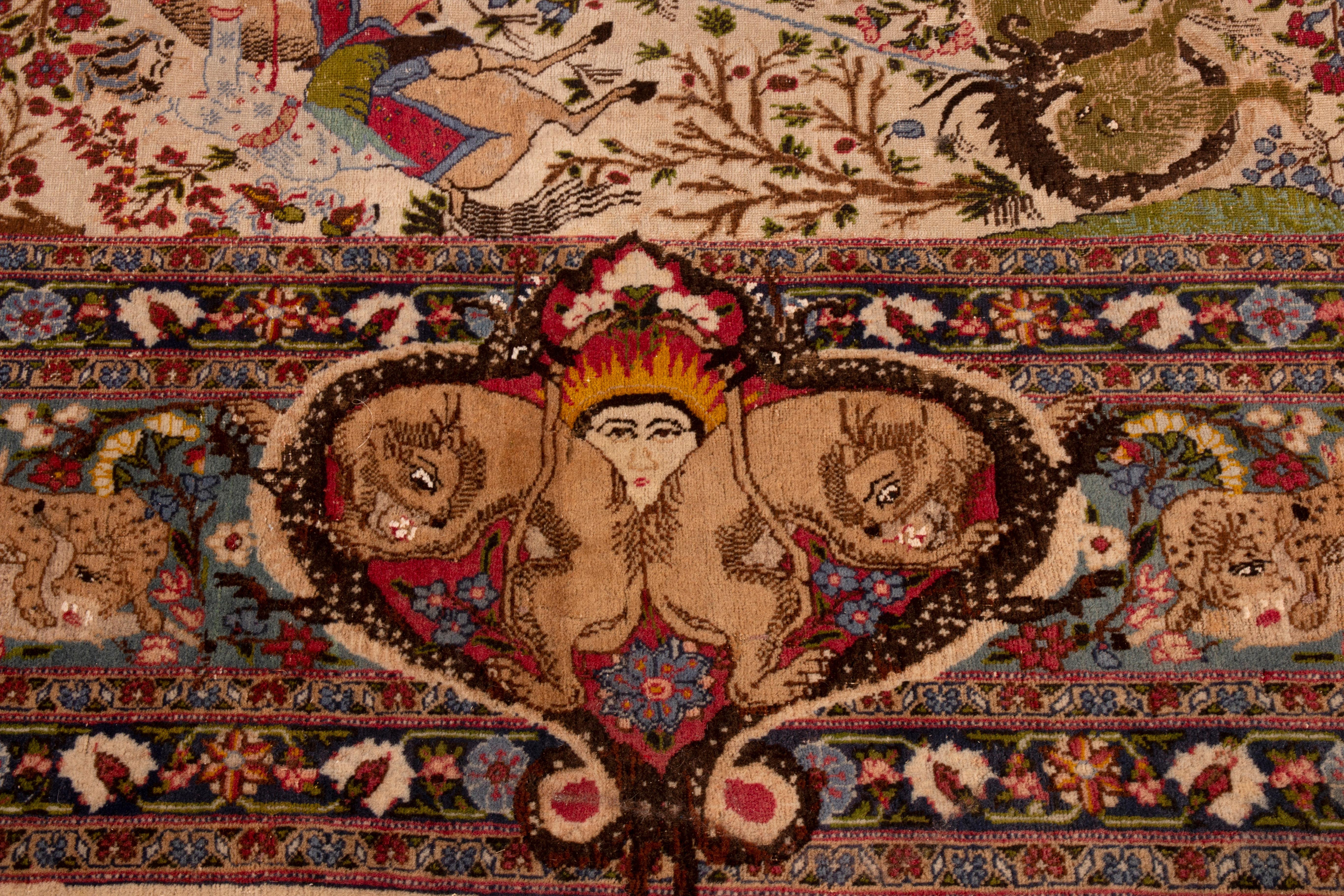 Noué à la main Tapis Tabriz ancien noué à la main beige motif pictural sur toute sa surface par Rug & Kilim en vente