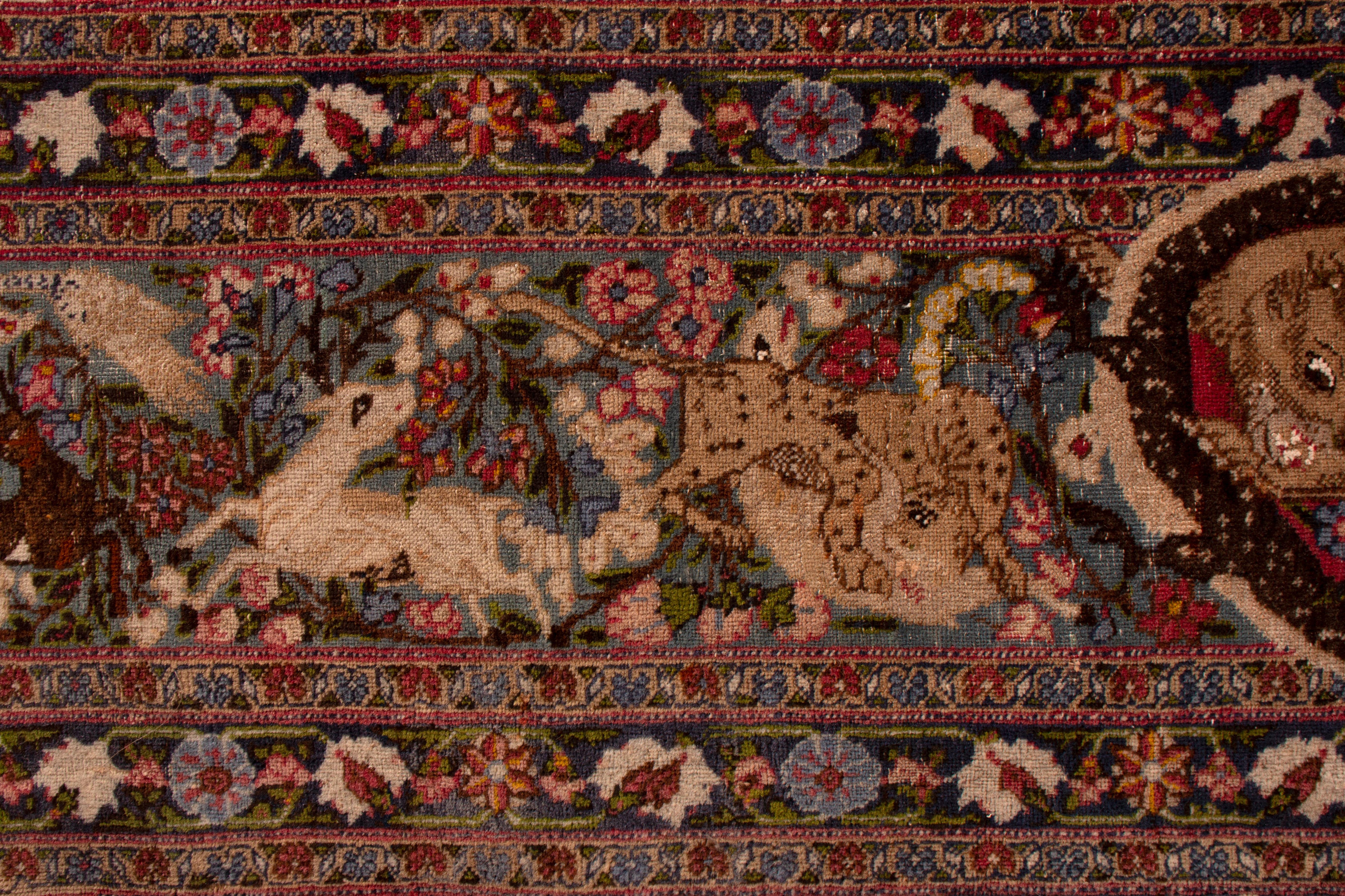 Laine Tapis Tabriz ancien noué à la main beige motif pictural sur toute sa surface par Rug & Kilim en vente