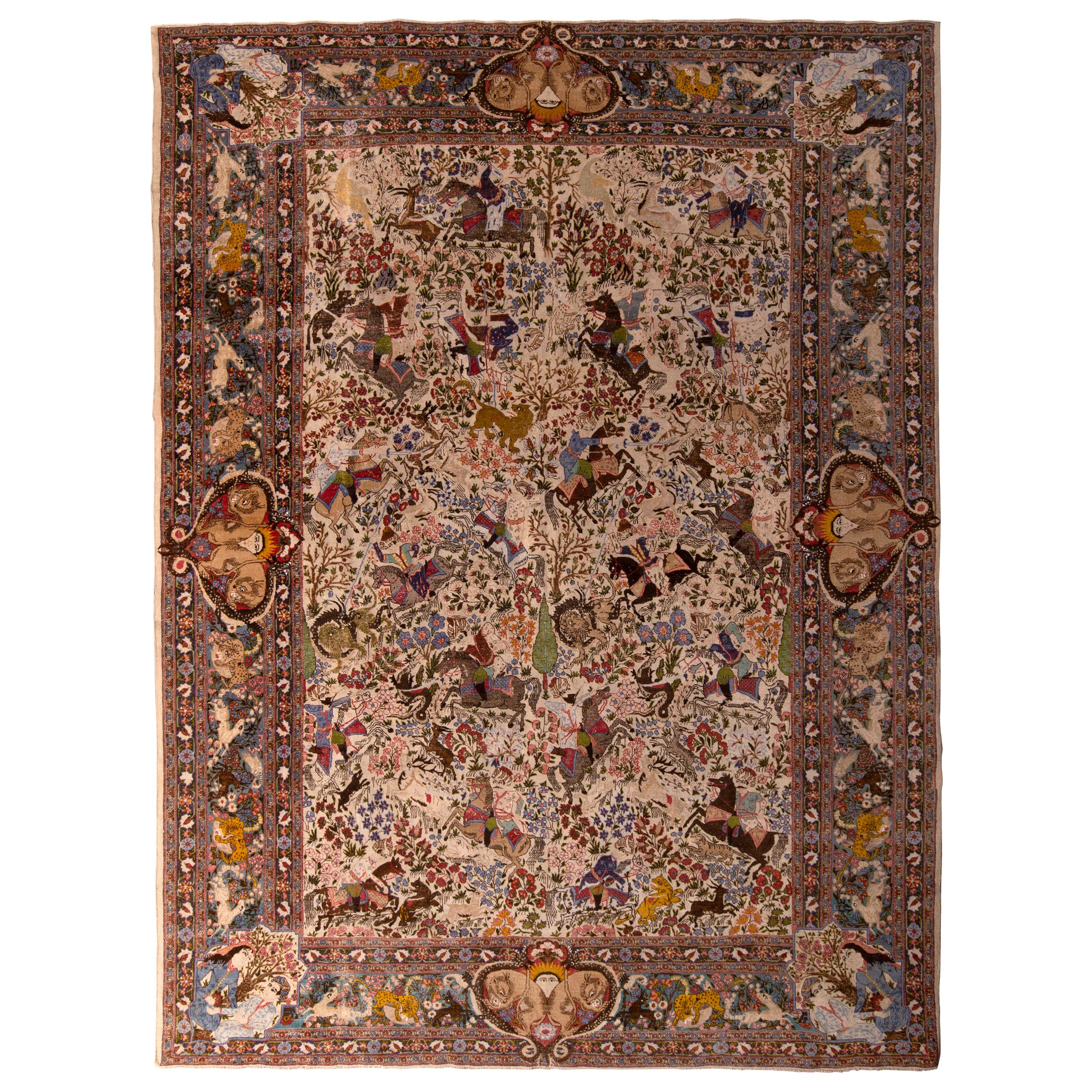 Alfombra antigua Tabriz anudada a mano con diseño integral pictórico beige de Rug & Kilim