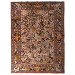 Hand Knotted Antique Tabriz Rug Beige Blue Pictorial All-Over Pattern