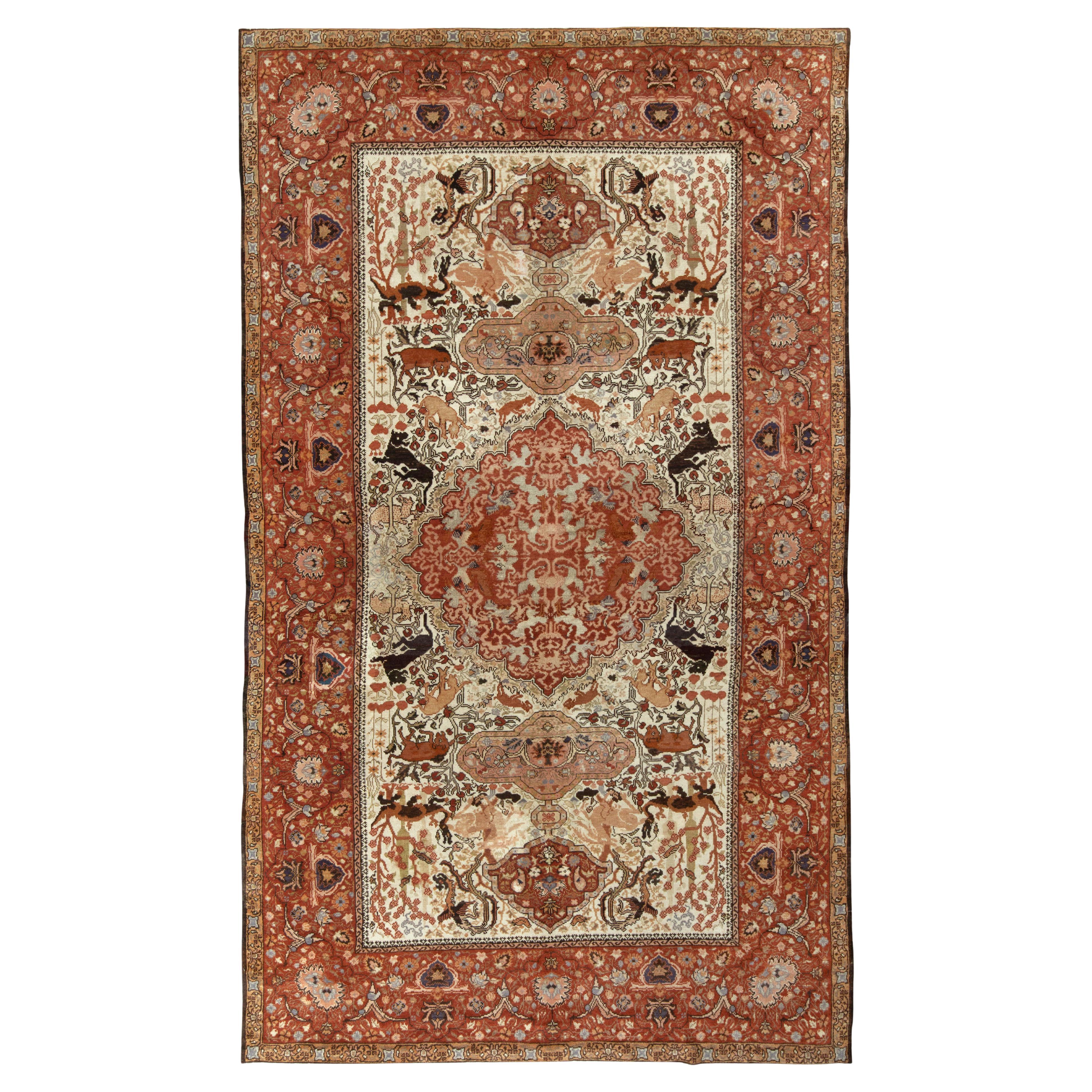 Handgeknüpfter antiker Teppich im Täbris-Stil, rot, beige, malerischer Teppich von Teppich & Kelim