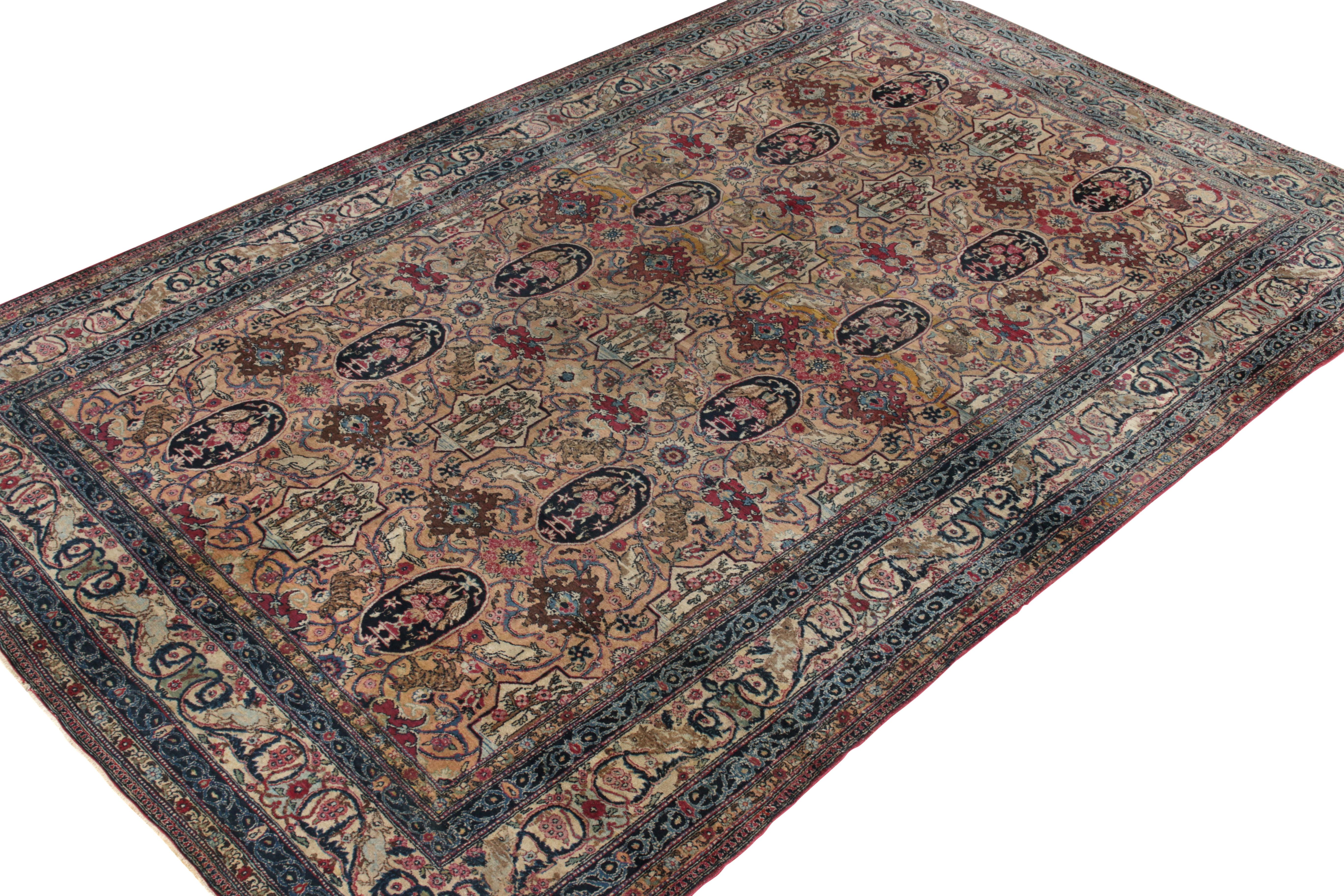 Hand-Knotted Antique Tehranian Persian rug in Royal Blue, Wine & Beige Floral by Rug & Kilim For Sale