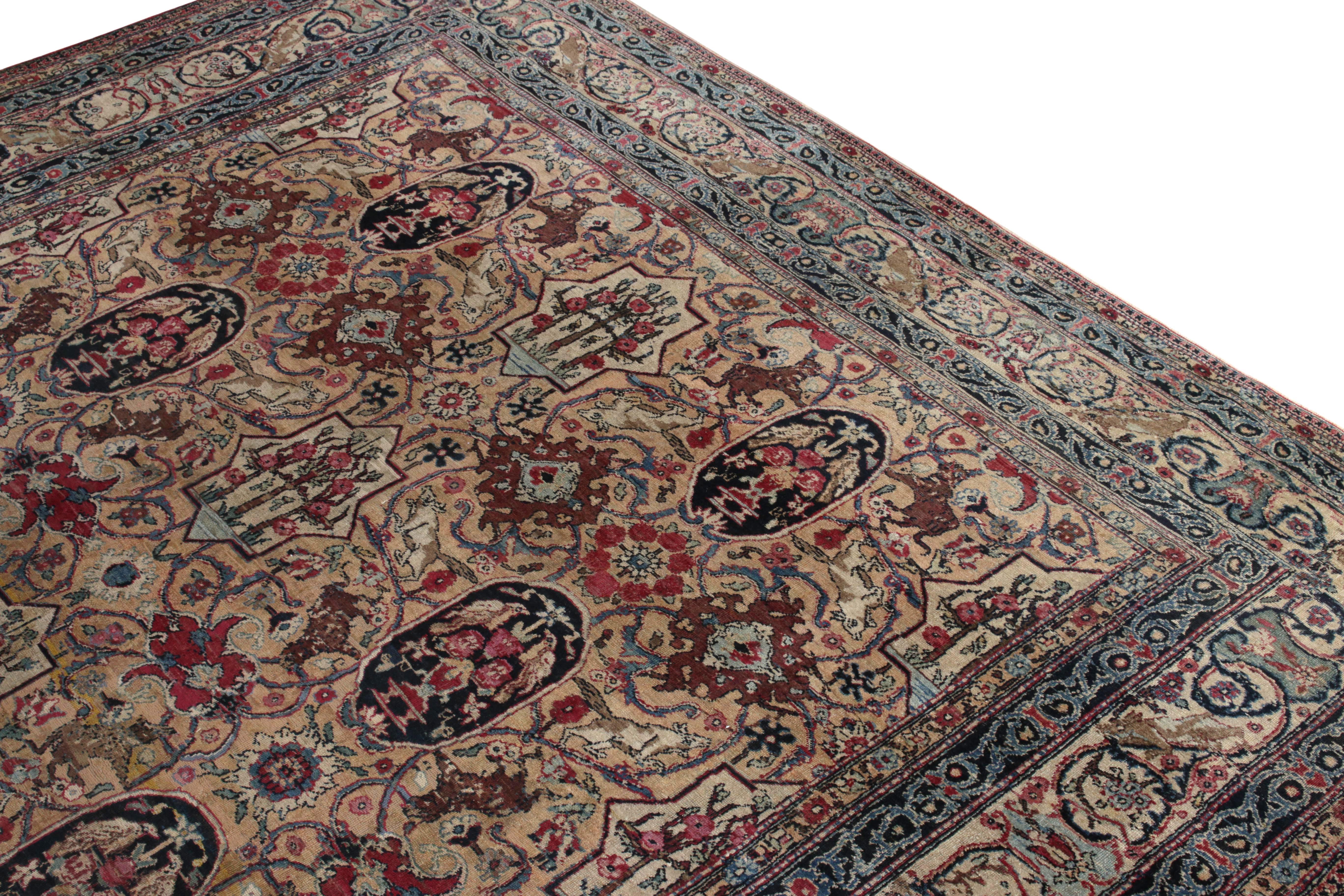 Antique Tehranian Persian rug in Royal Blue, Wine & Beige Floral by Rug & Kilim In Good Condition For Sale In Long Island City, NY