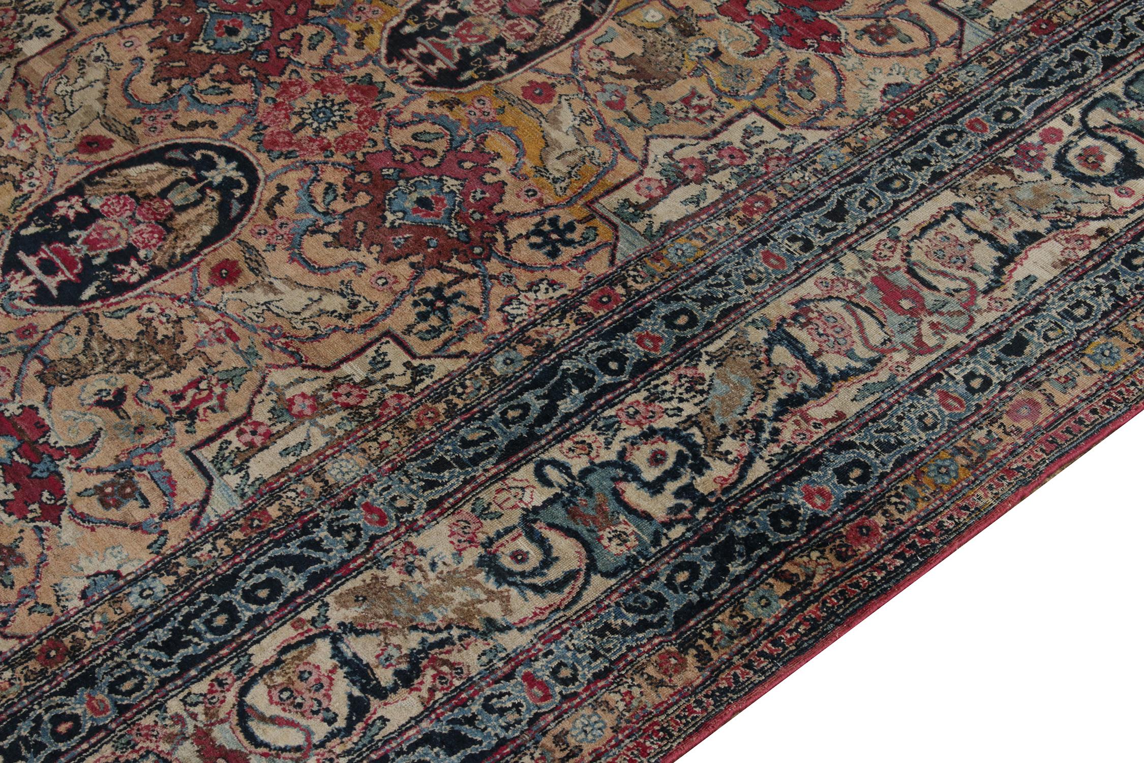 Early 20th Century Antique Tehranian Persian rug in Royal Blue, Wine & Beige Floral by Rug & Kilim For Sale