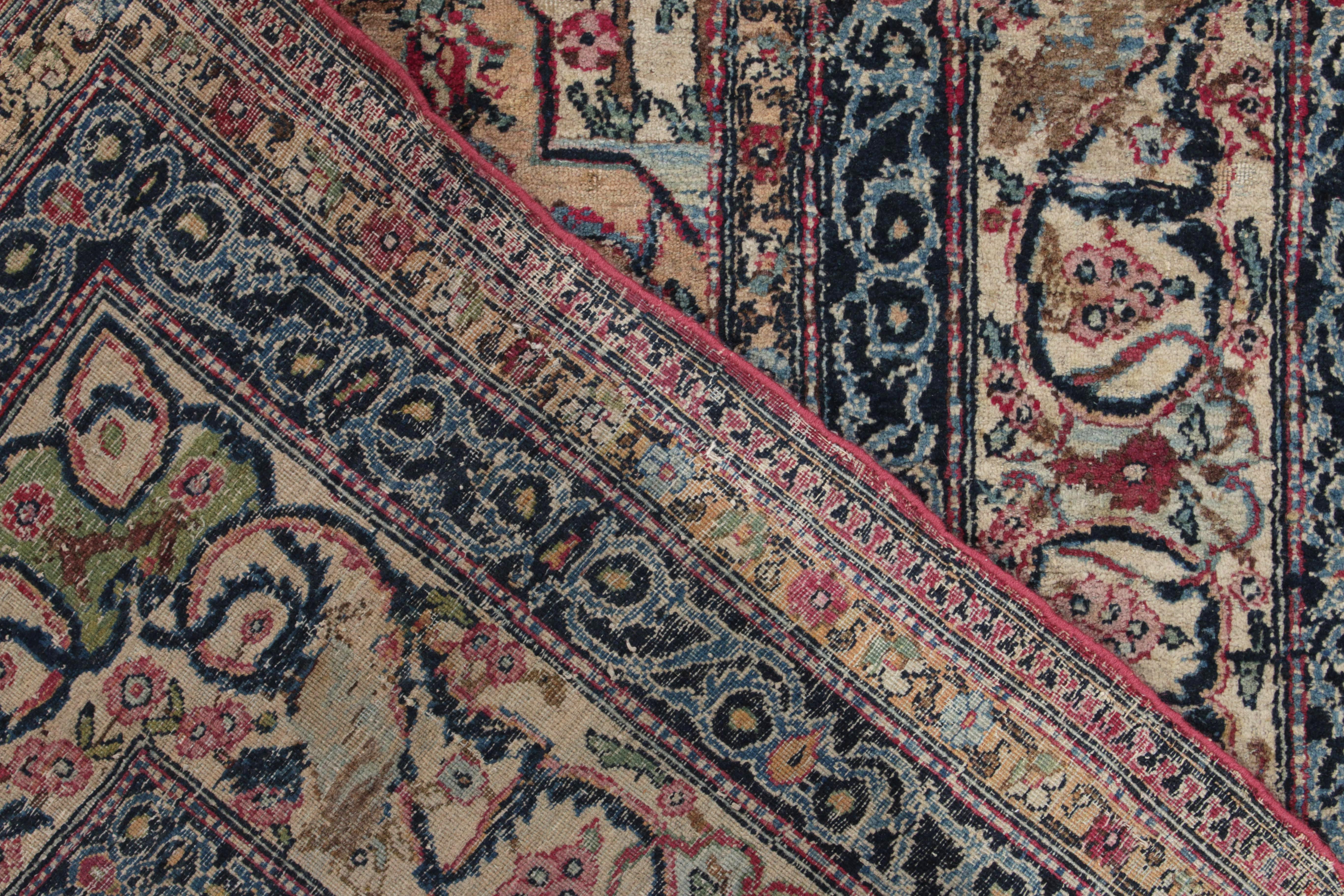 Wool Antique Tehranian Persian rug in Royal Blue, Wine & Beige Floral by Rug & Kilim For Sale