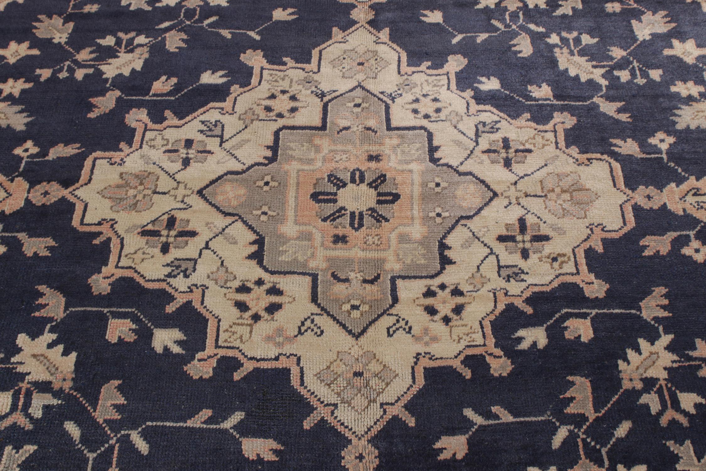 Early 20th Century Antique Turkish Oushak Rug in Blue, Pink Medallion Floral Pattern by Rug & Kilim For Sale