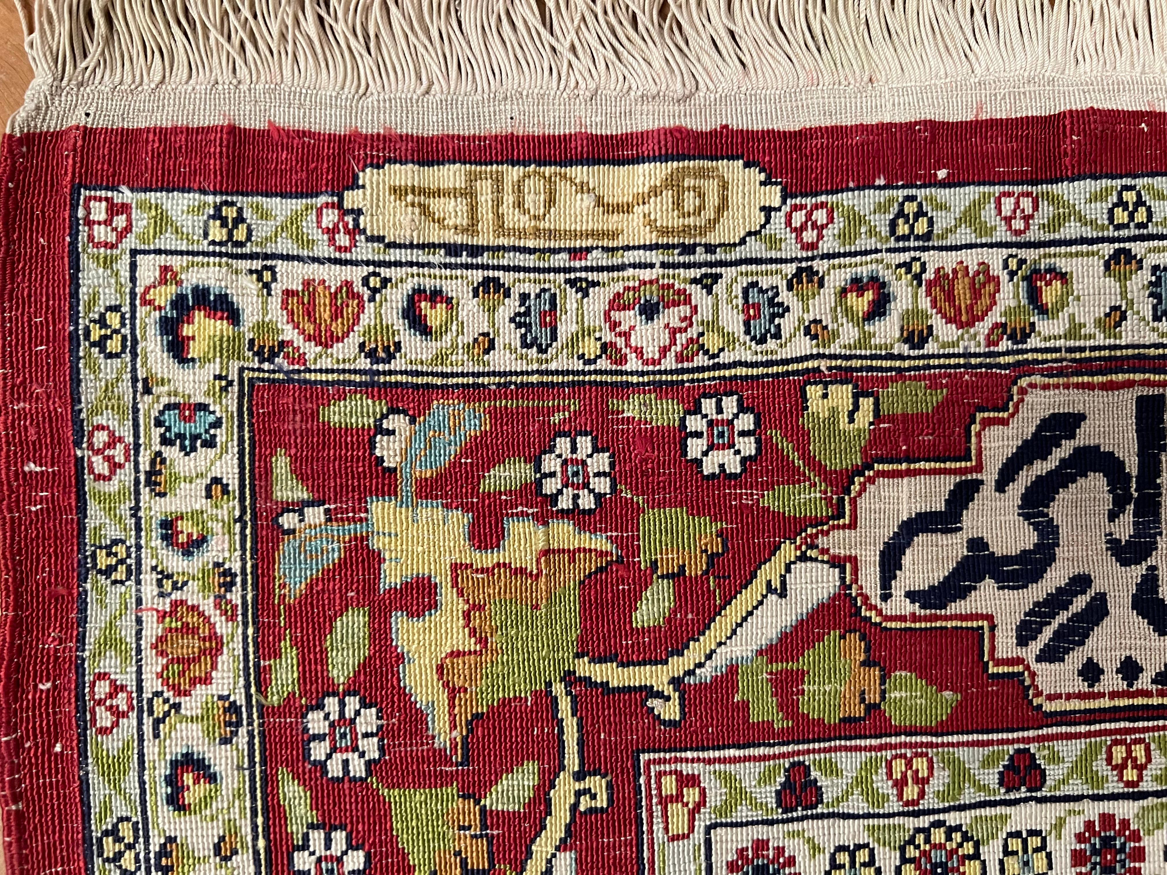 Hand Knotted Antique Turkish Prayer Rug, Hereke Kayseri Pattern Silk, Signed 8