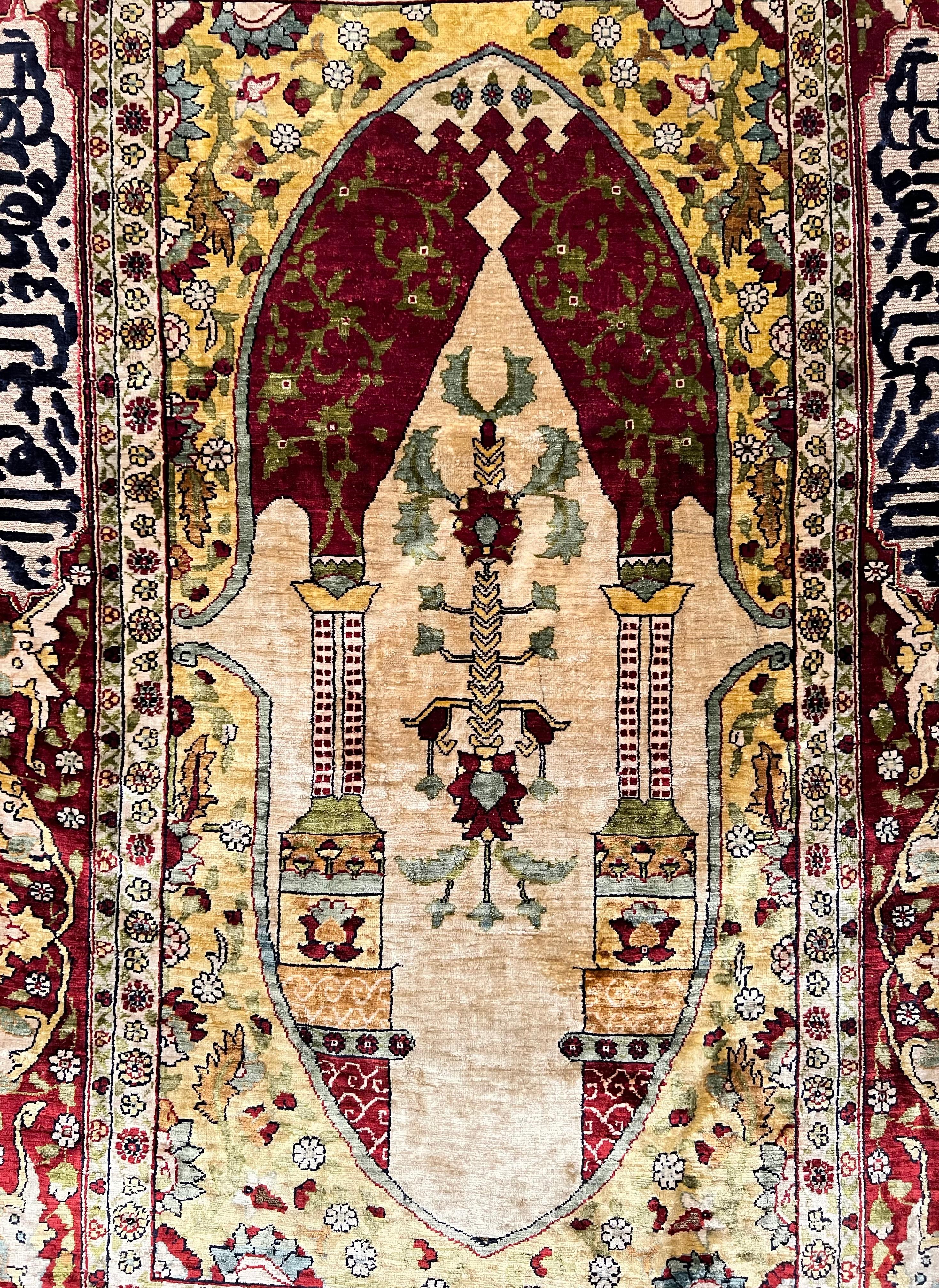Hand Knotted Antique Turkish Prayer Rug, Hereke Kayseri Pattern Silk, Signed 9