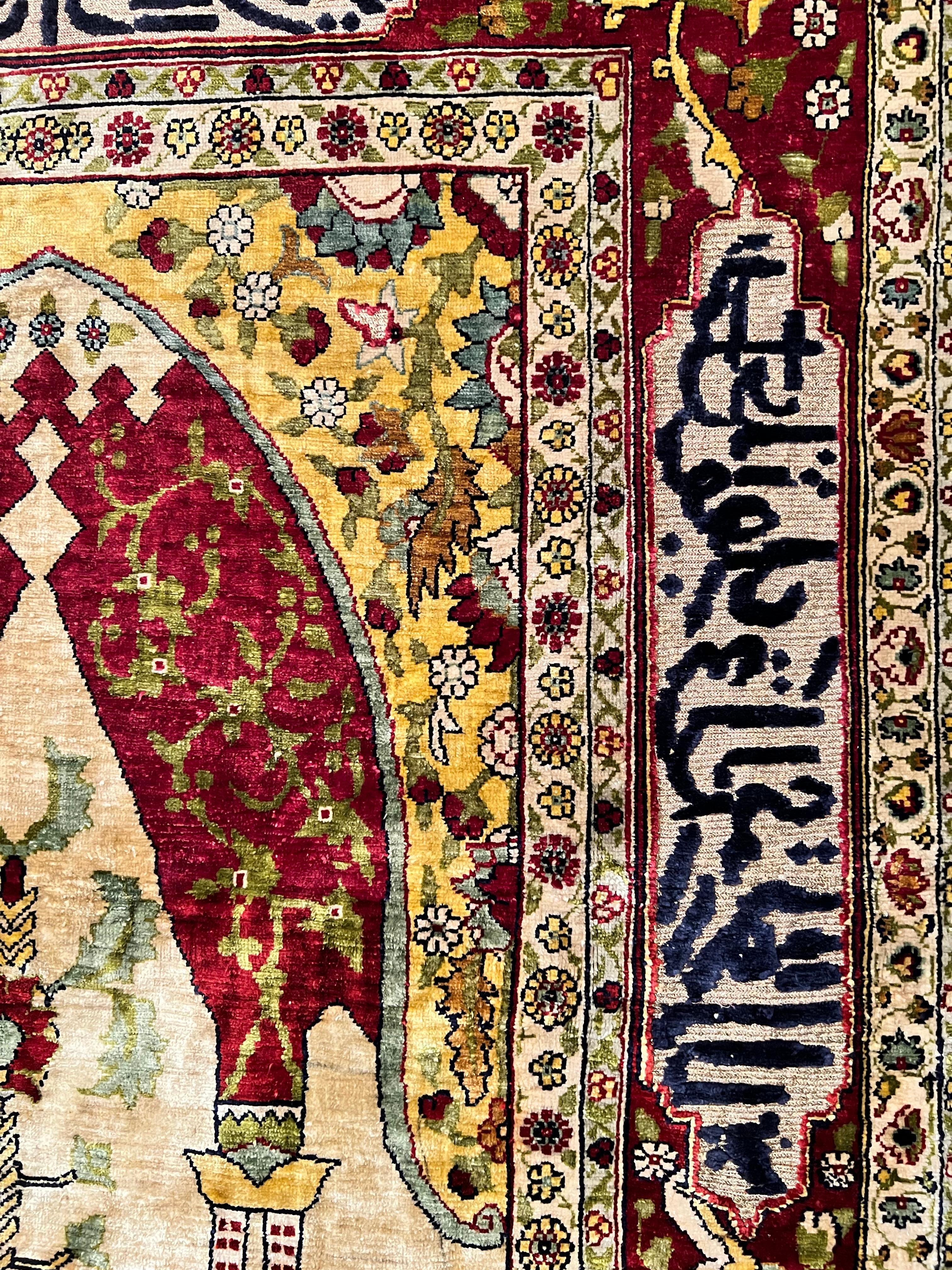 Hand Knotted Antique Turkish Prayer Rug, Hereke Kayseri Pattern Silk, Signed In Excellent Condition In Vienna, AT