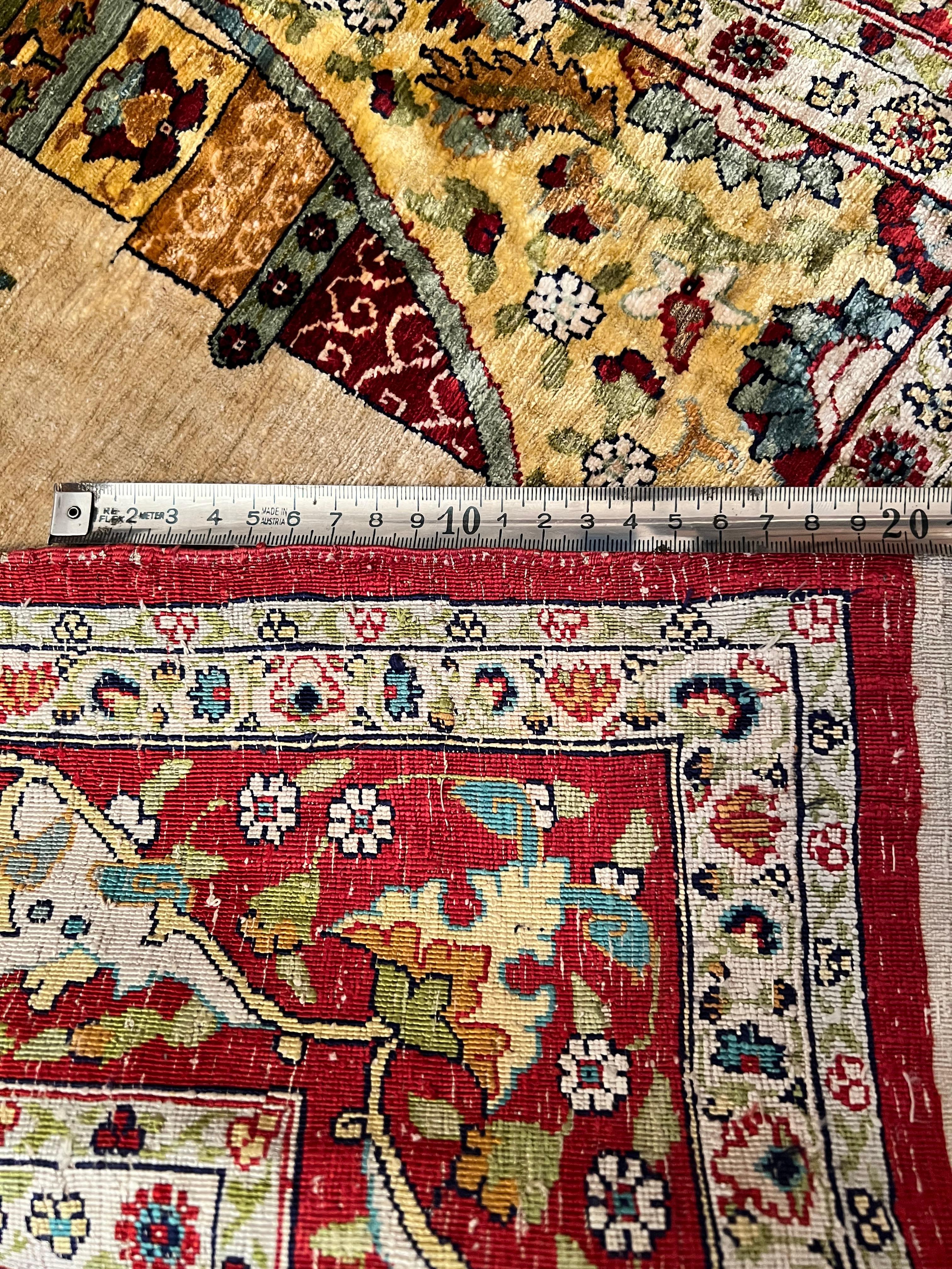 Wool Hand Knotted Antique Turkish Prayer Rug, Hereke Kayseri Pattern Silk, Signed