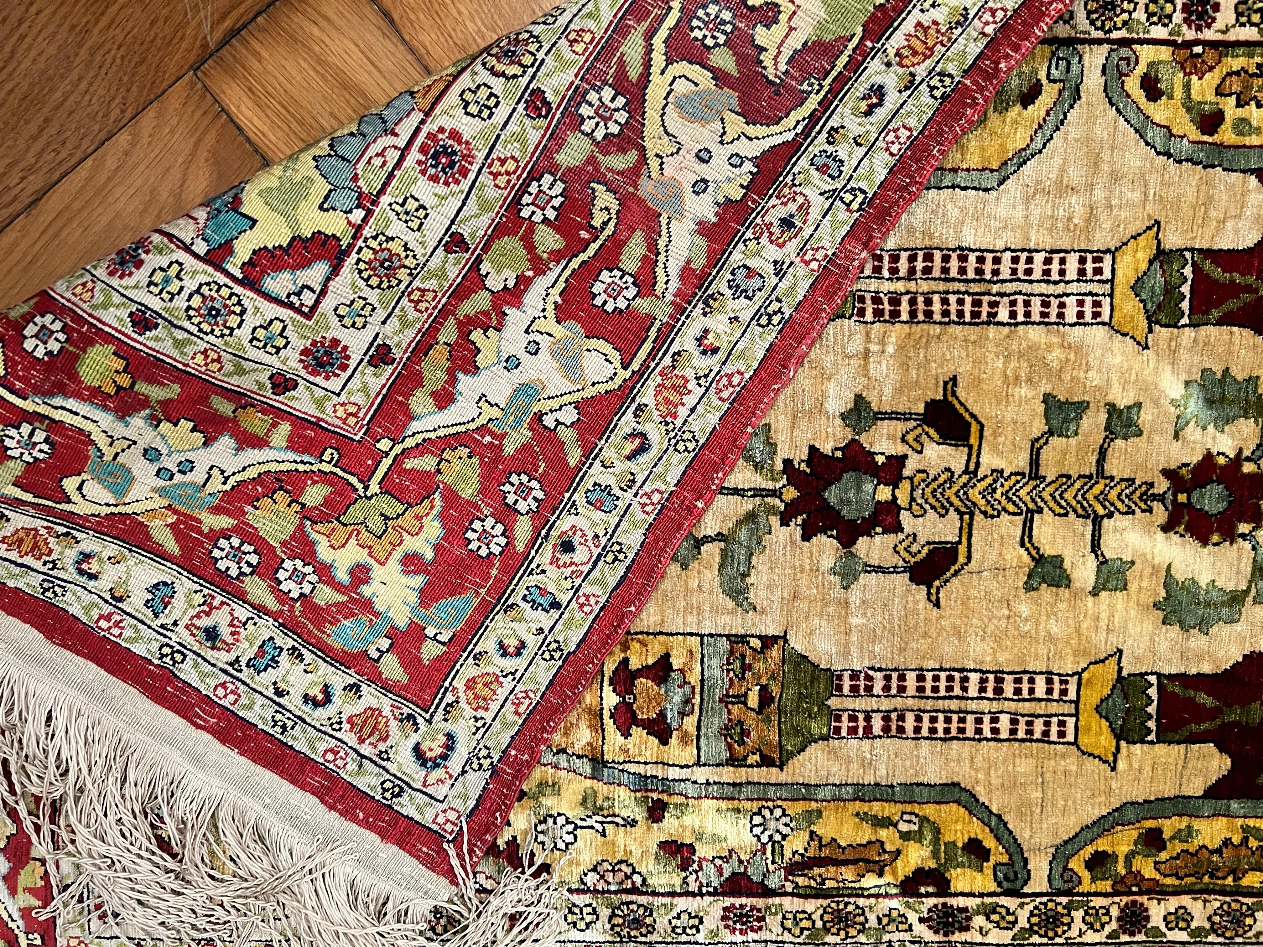 Hand Knotted Antique Turkish Prayer Rug, Hereke Kayseri Pattern Silk, Signed 1