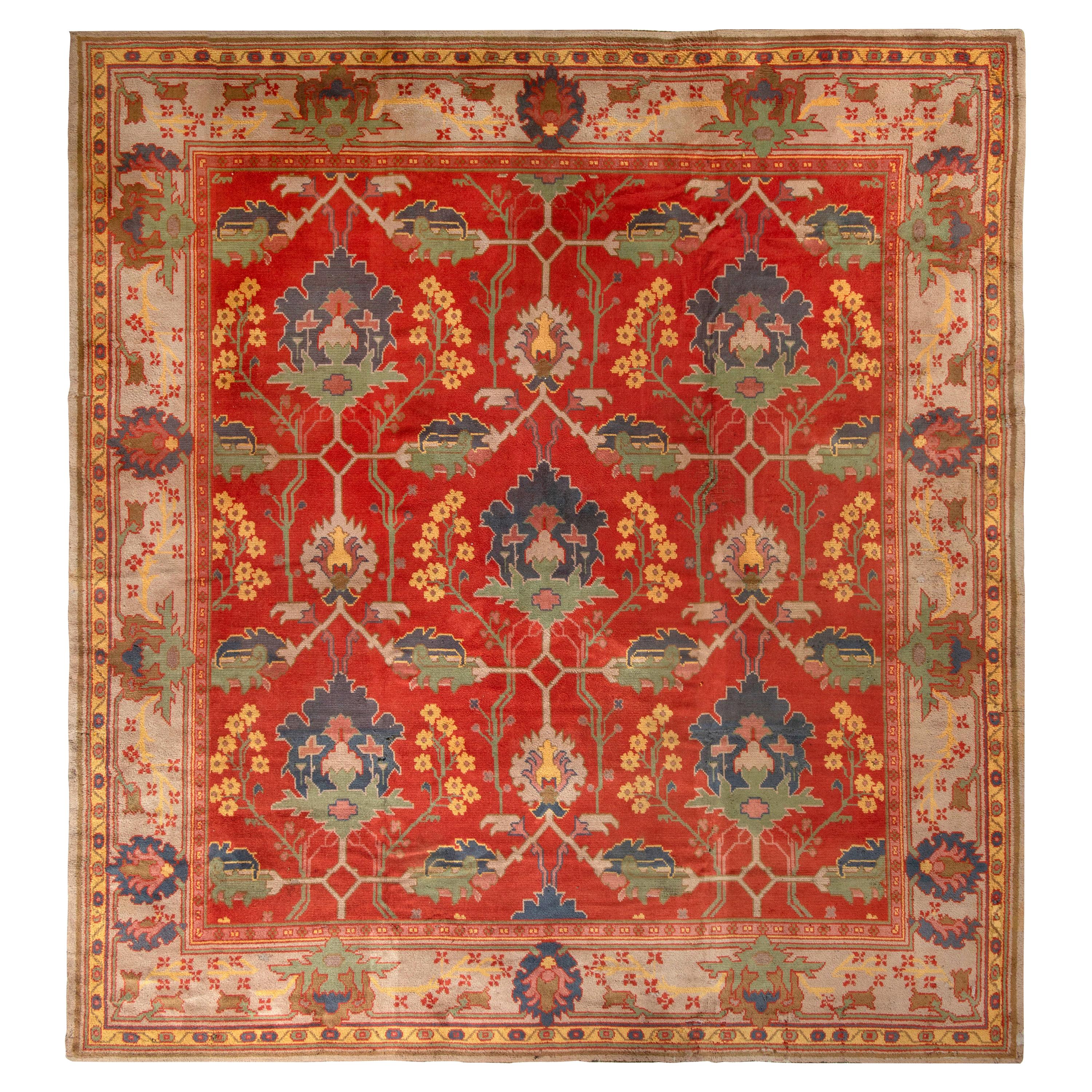 Antique Voysey Arts & Crafts Rug in Red with Floral Patterns For Sale