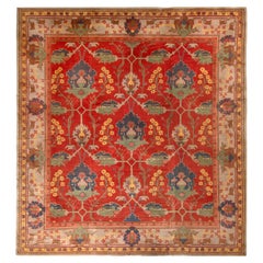 Handgeknüpfter antiker Voysey Arts & Crafts Teppich in Rot Beige Floral von Teppich & Kelim